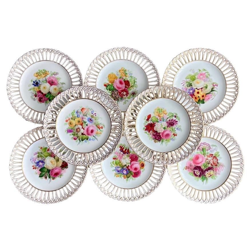 Copeland Set of 8 plates, Reticulated, Sublime Flowers by Greatbatch, 1848 For Sale