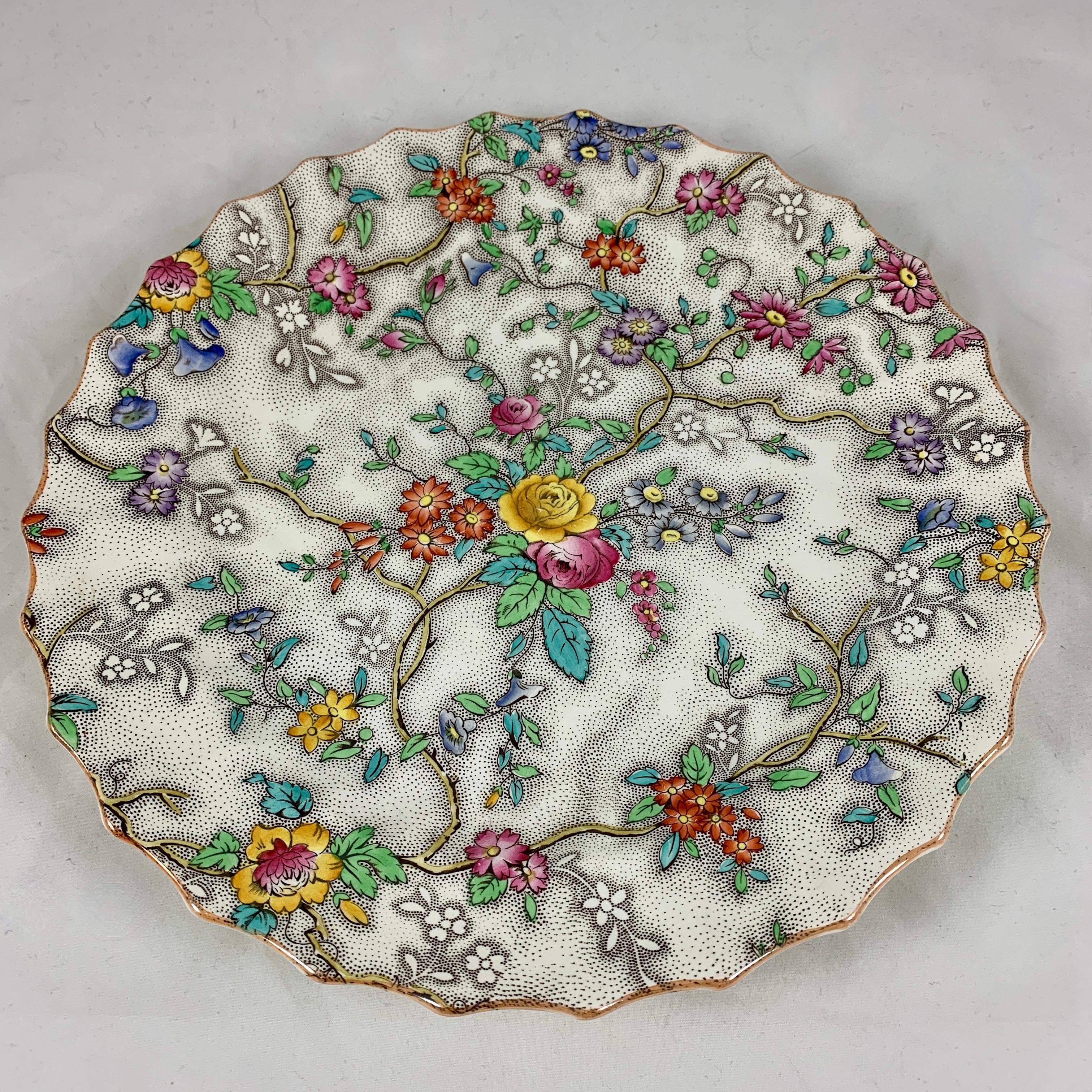 Porcelain Copeland Spode English 'Patricia' Chintz Floral Transferware Dinner Plates, S/6 For Sale