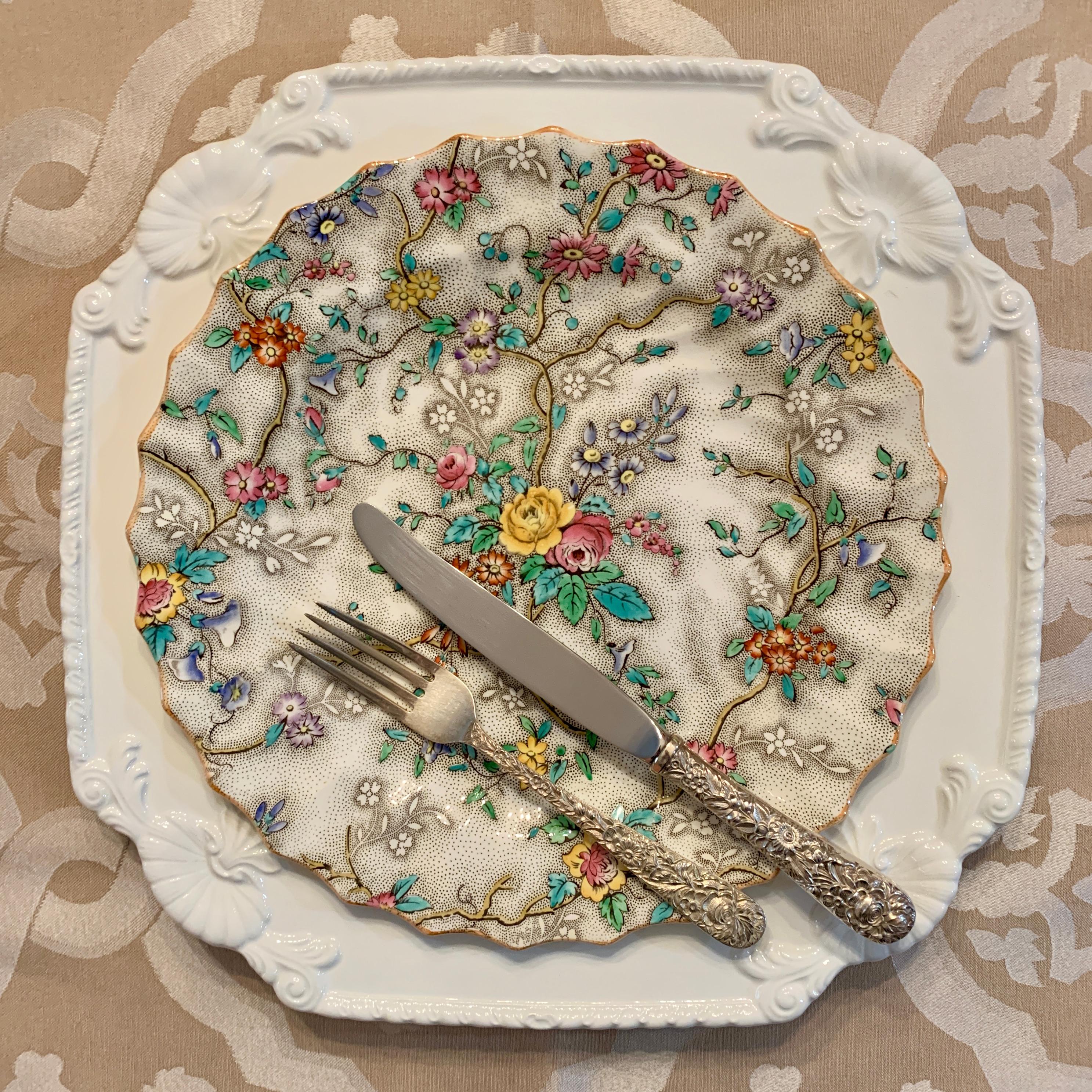 Copeland Spode English 'Patricia' Chintz Floral Transferware Dinner Plates, S/6 6