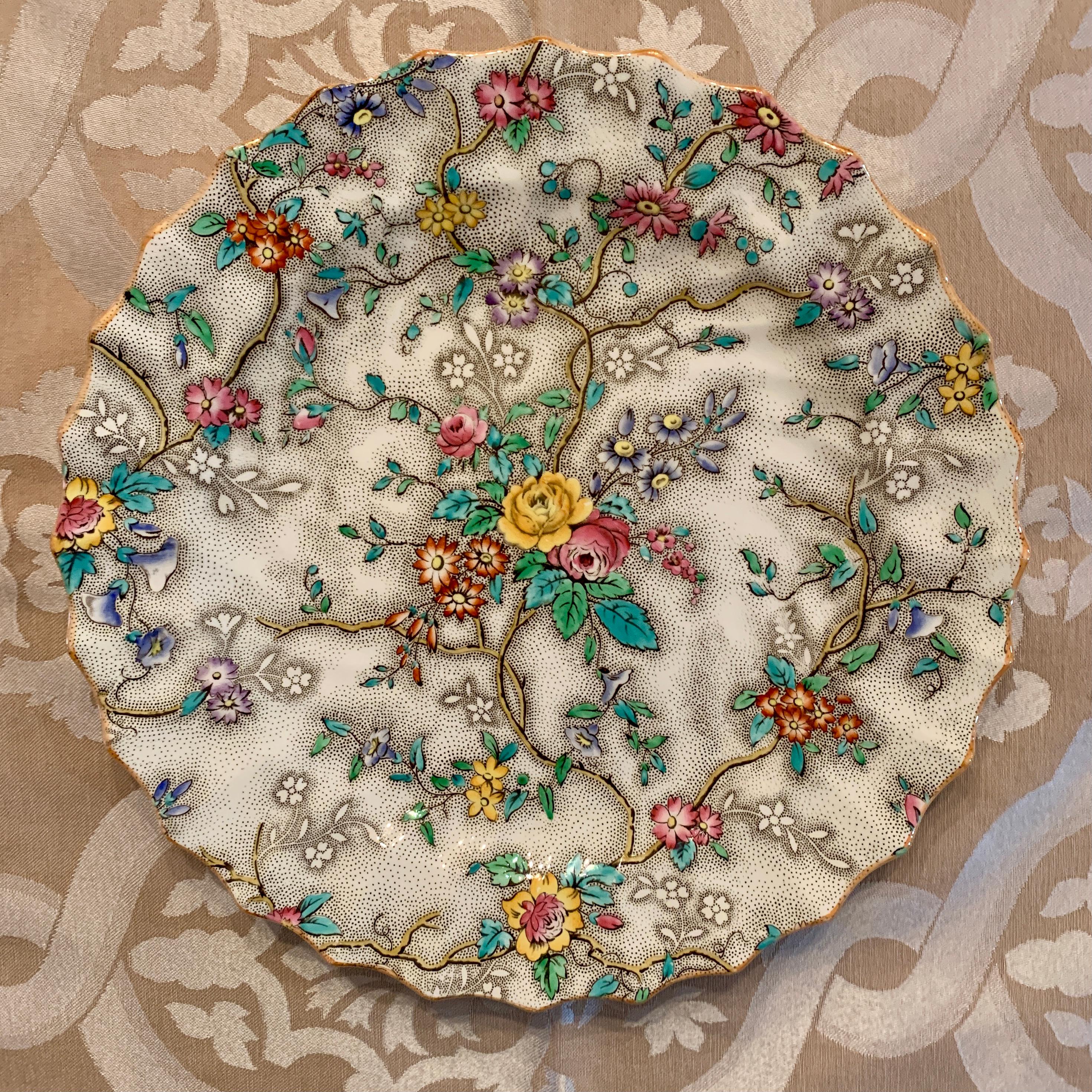 Mouvement esthétique Assiettes à dîner en porcelaine à fleurs Copeland Spode English 'Patricia' Chintz, S/6 en vente
