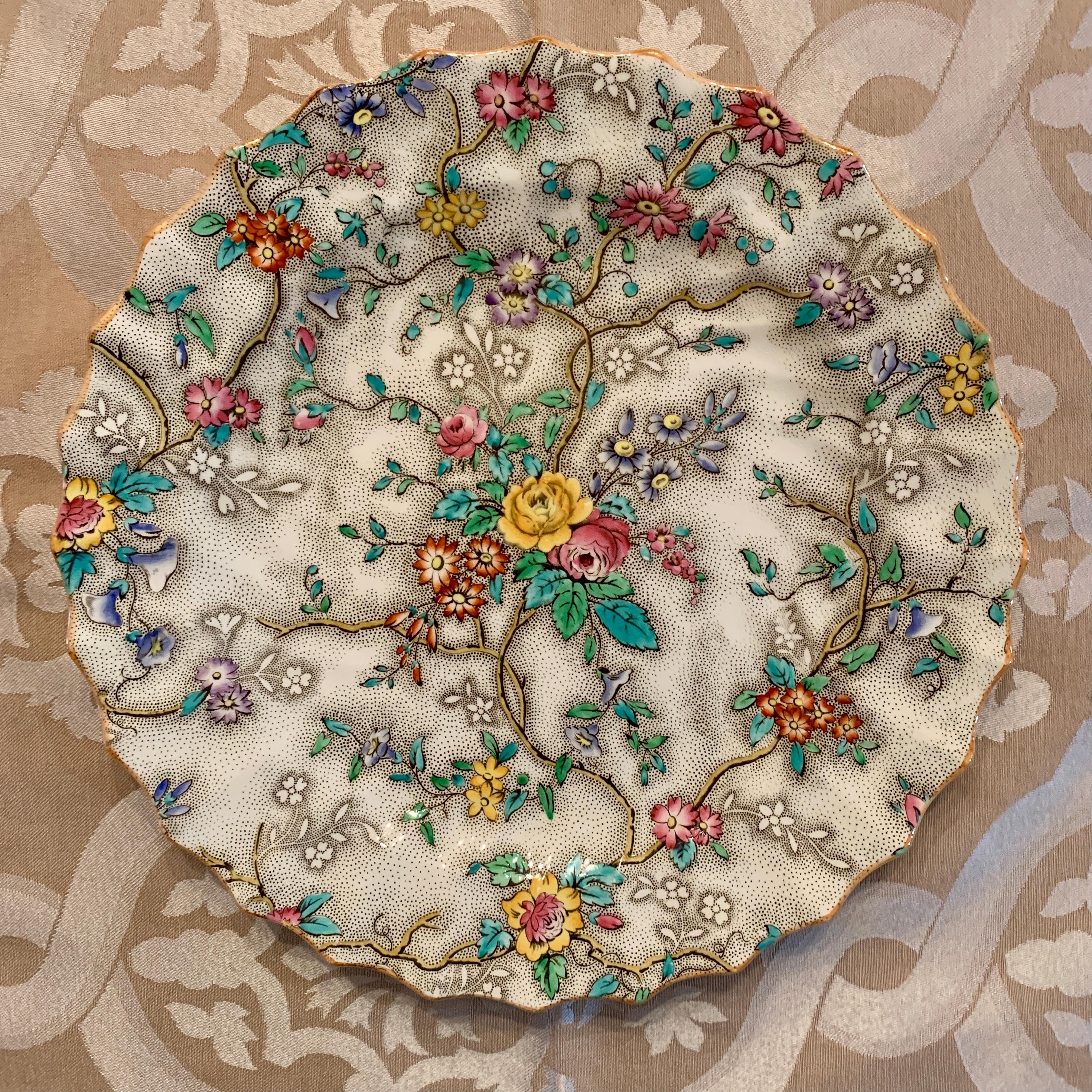 Aesthetic Movement Copeland Spode English 'Patricia' Chintz Floral Transferware Dinner Plates, S/6