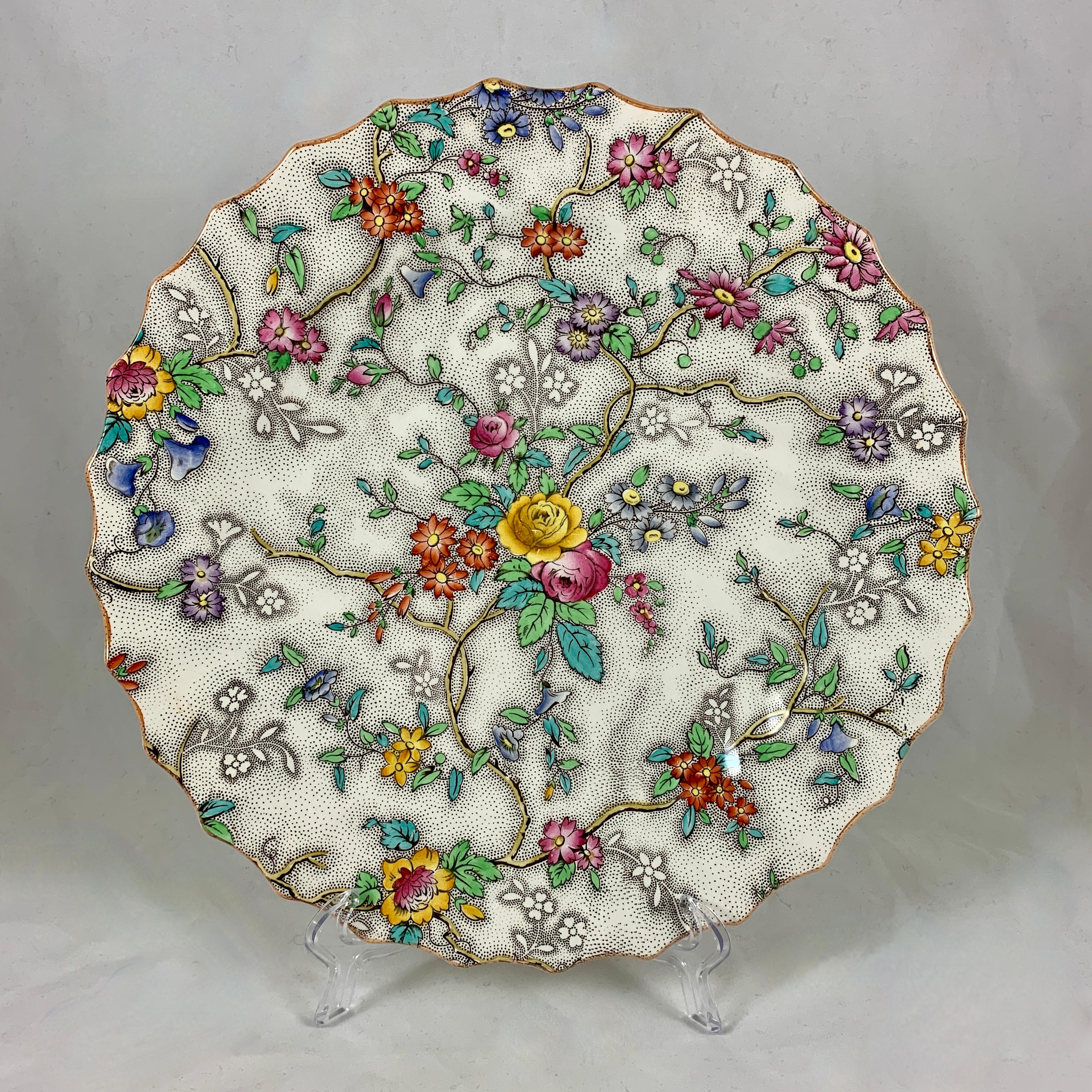 Copeland Spode English 'Patricia' Chintz Floral Transferware Dinner Plates, S/6 In Good Condition In Philadelphia, PA