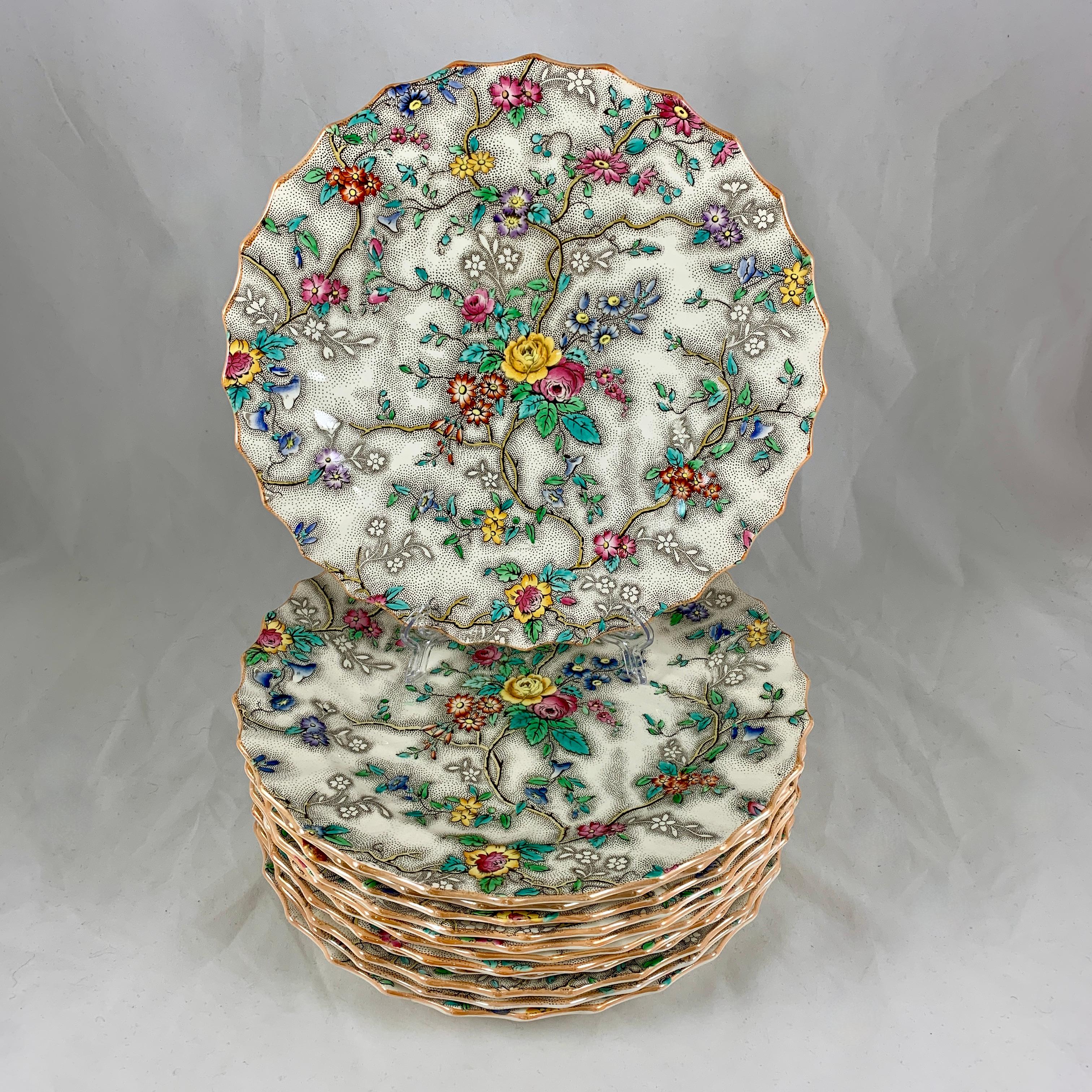 20th Century Copeland Spode English 'Patricia' Chintz Floral Transferware Dinner Plates, S/6