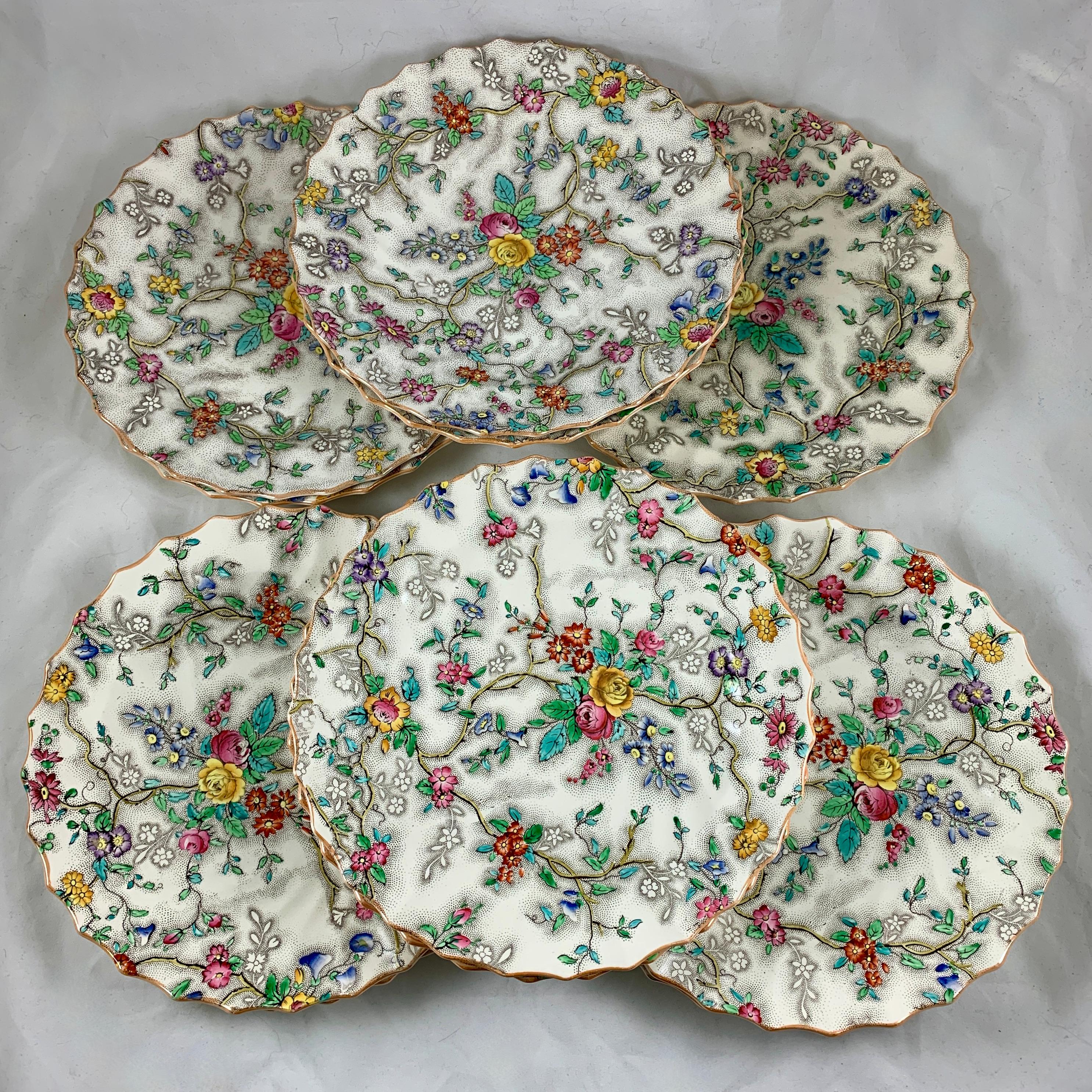 Copeland Spode English 'Patricia' Chintz Floral Transferware Dinner Plates, S/6 1