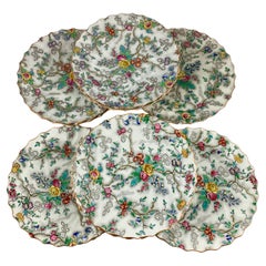 Copeland Spode English 'Patricia' Chintz Floral Transferware Dinner Plates, S/6
