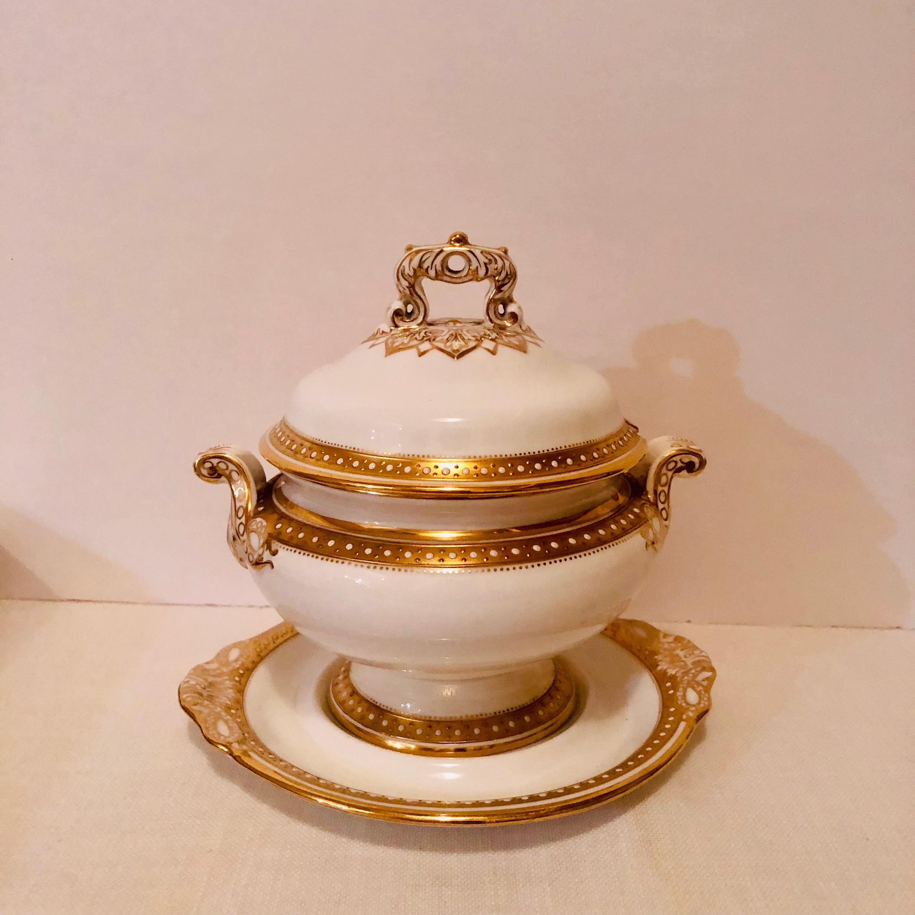 I am offering you this exquisite Copeland three piece gravy or saucier with gold borders and white enamel jeweling on a white porcelain body. Look at the intricate elaborate work on the handle on its cover, and the amazing workmanship on the handles