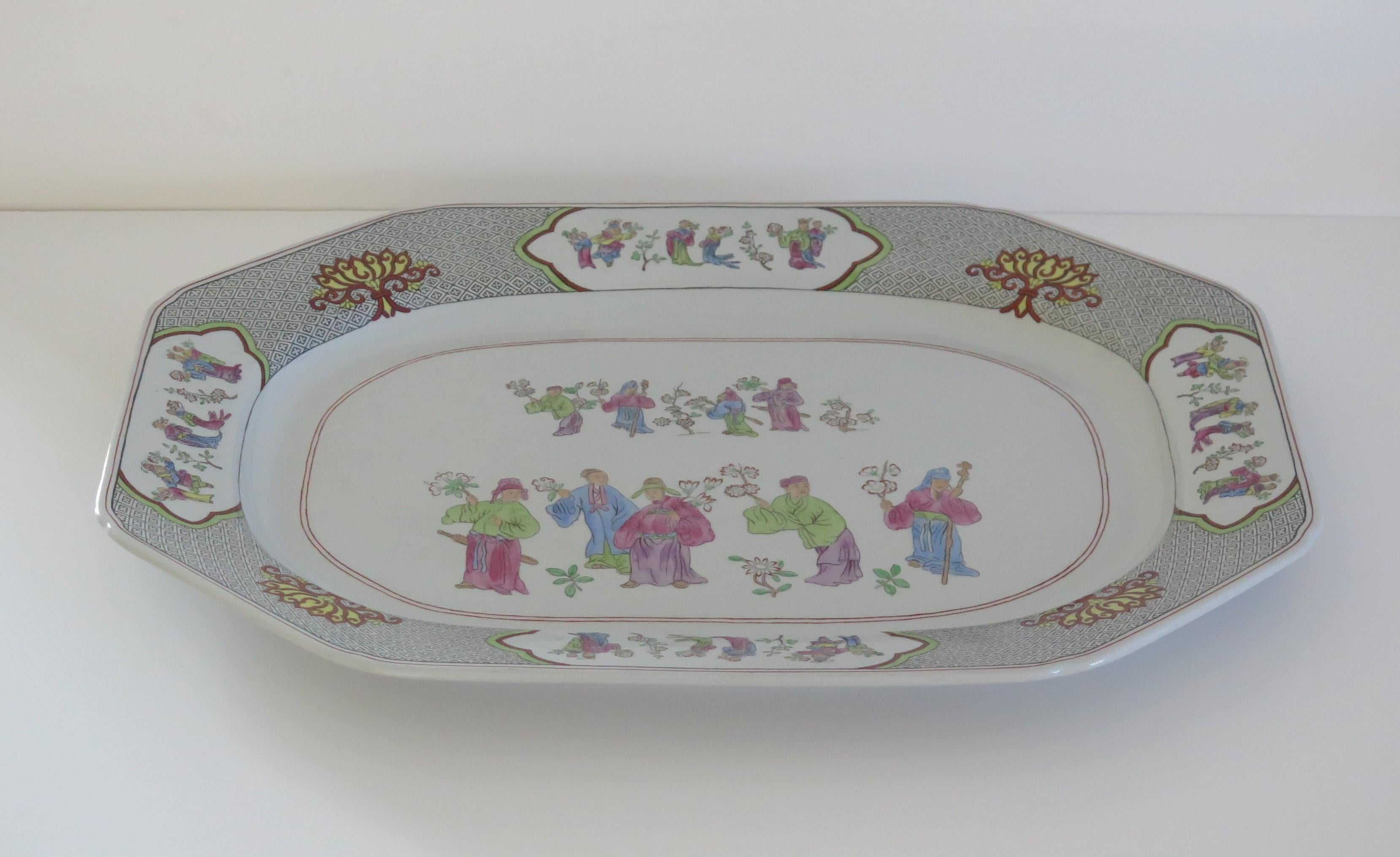 This is a beautiful very large Platter or Meat Plate by Copeland (formerly Spode) in a very decorative hand painted Chinese figure pattern, dating to the turn of the late 19th Century, Circa 1900.

The piece is well potted as a large rectangular