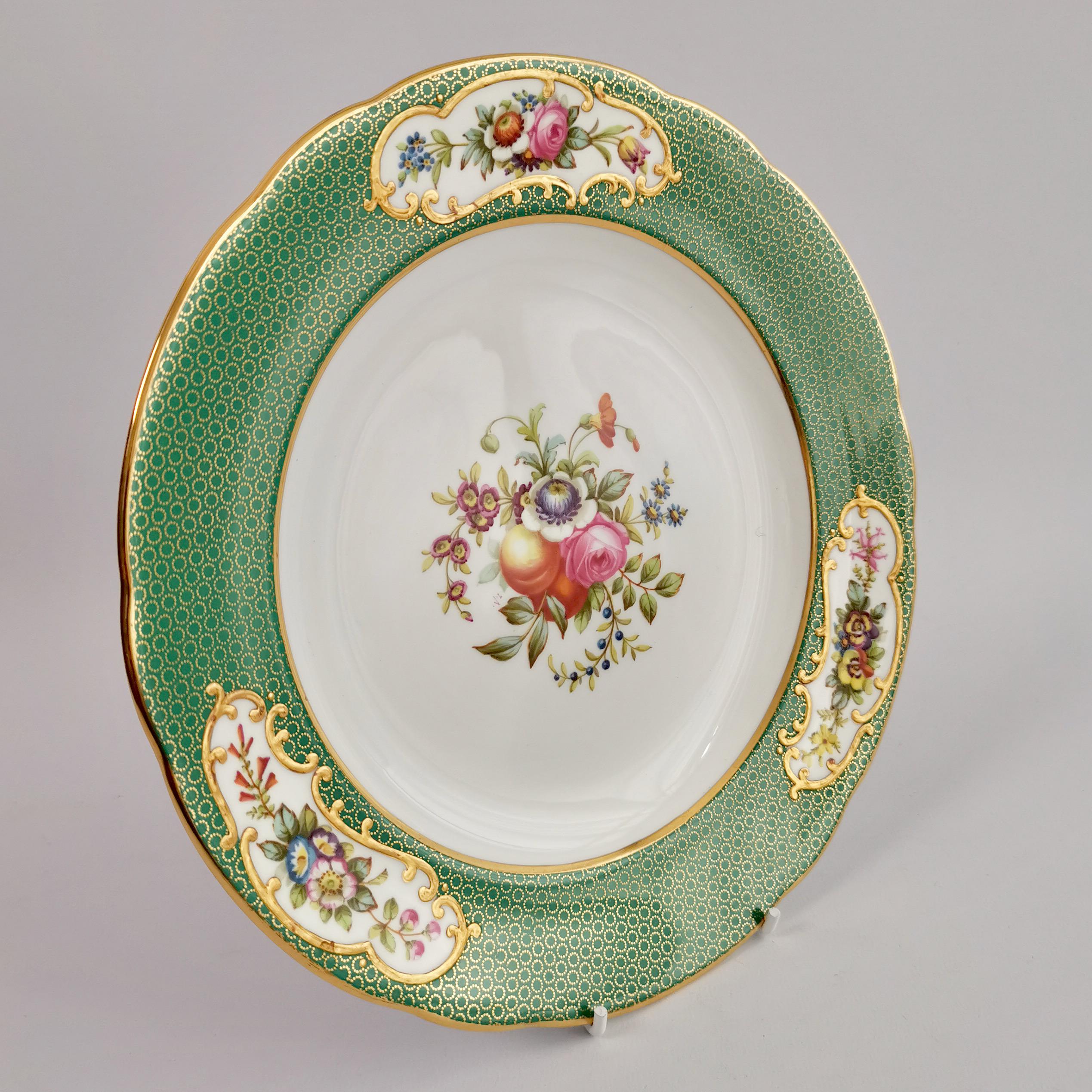 English Copeland Spode Porcelain Plate, Green Sèvres Style, Flowers, Thomas Goode, 1924