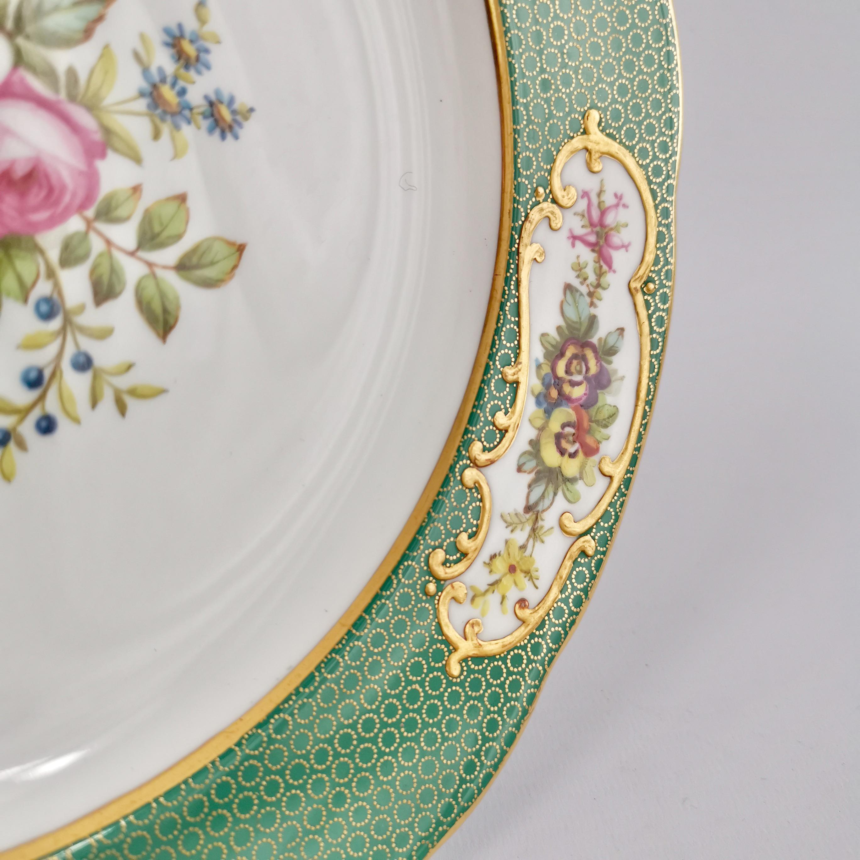 Hand-Painted Copeland Spode Porcelain Plate, Green Sèvres Style, Flowers, Thomas Goode, 1924