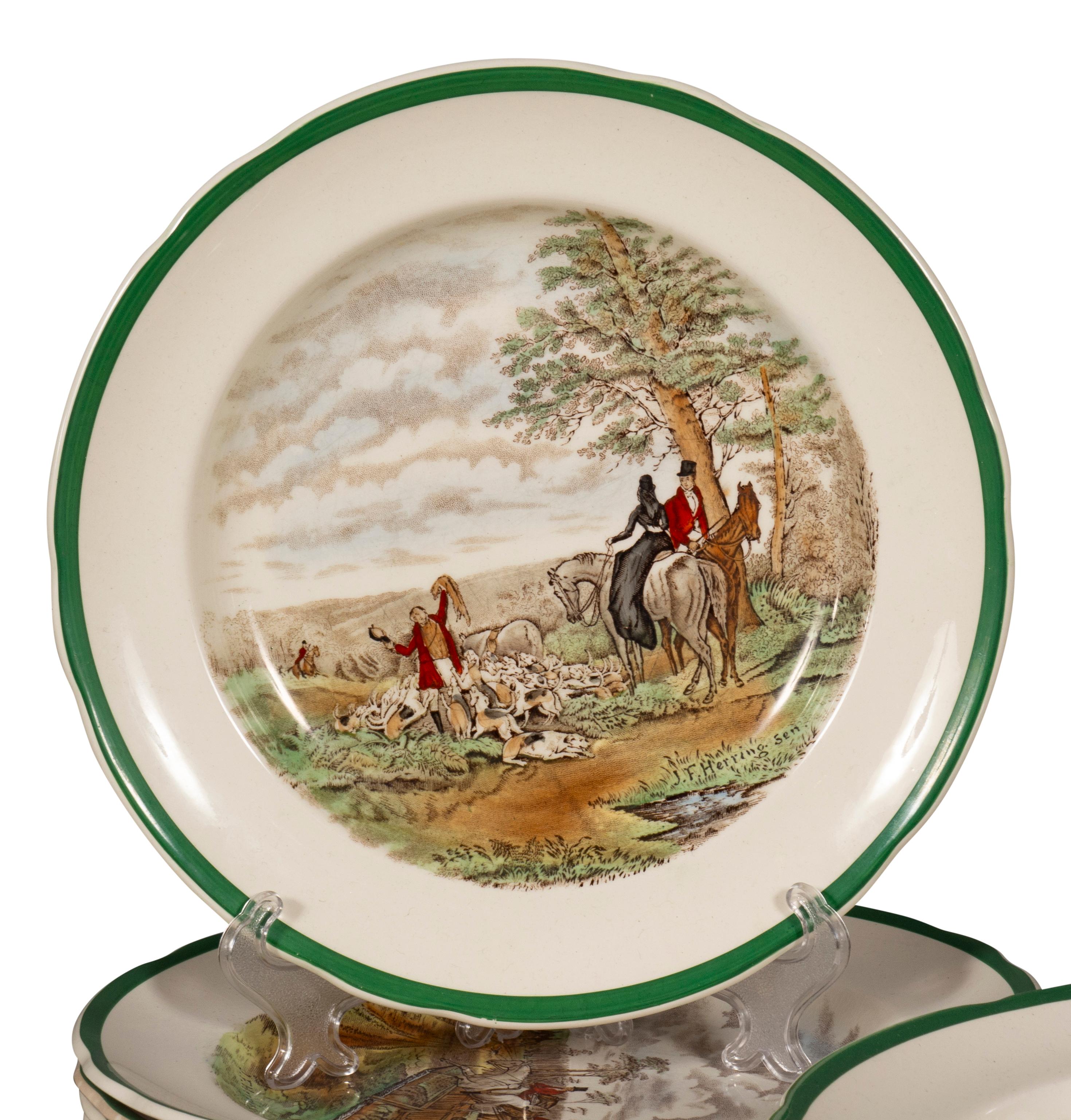 Copeland Spode Pottery Fox Hunt Lunch Service In Good Condition For Sale In Essex, MA