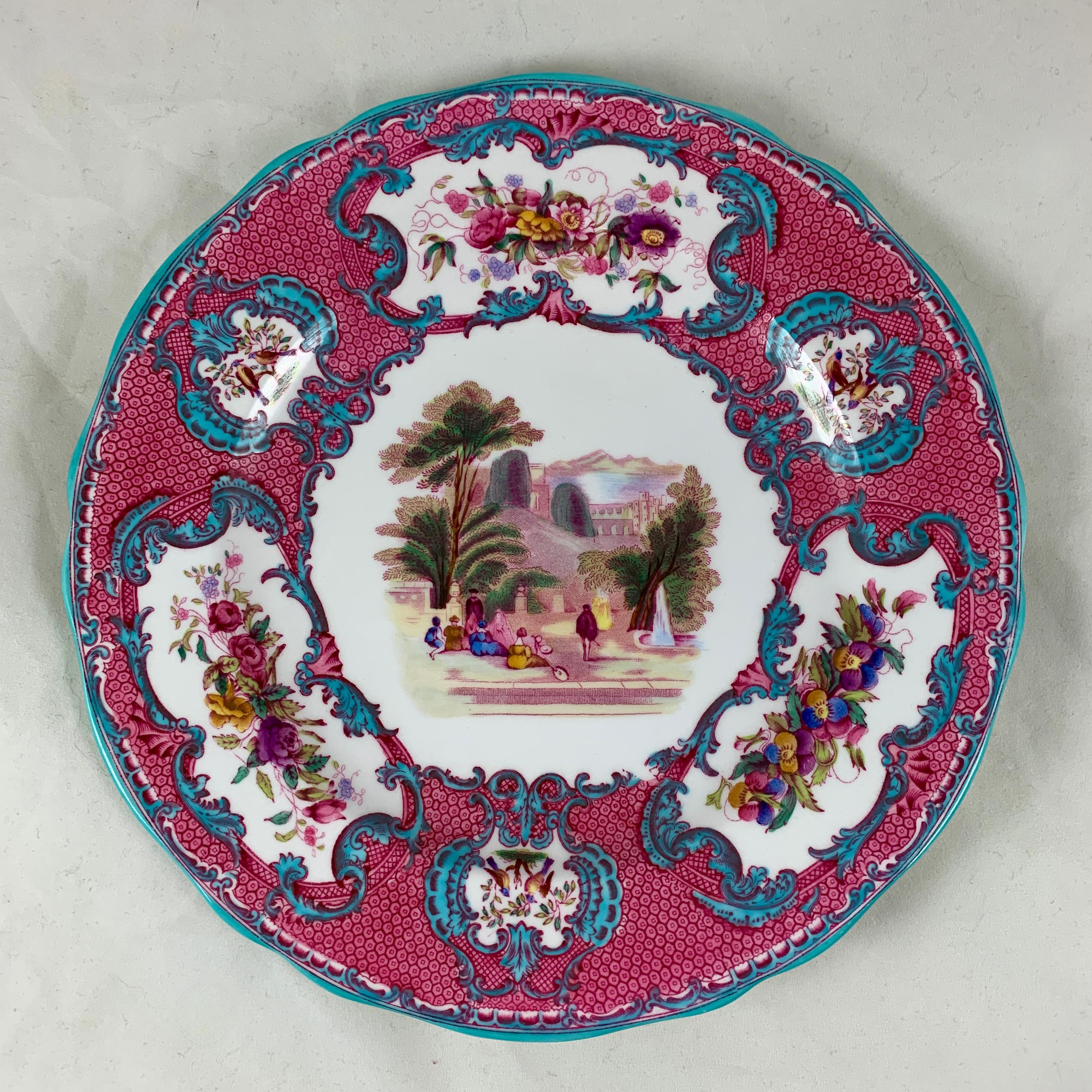 English Copeland Spode Queen Mary Rococo Pink Porcelain Plates for Tiffany & Co. Set / 6