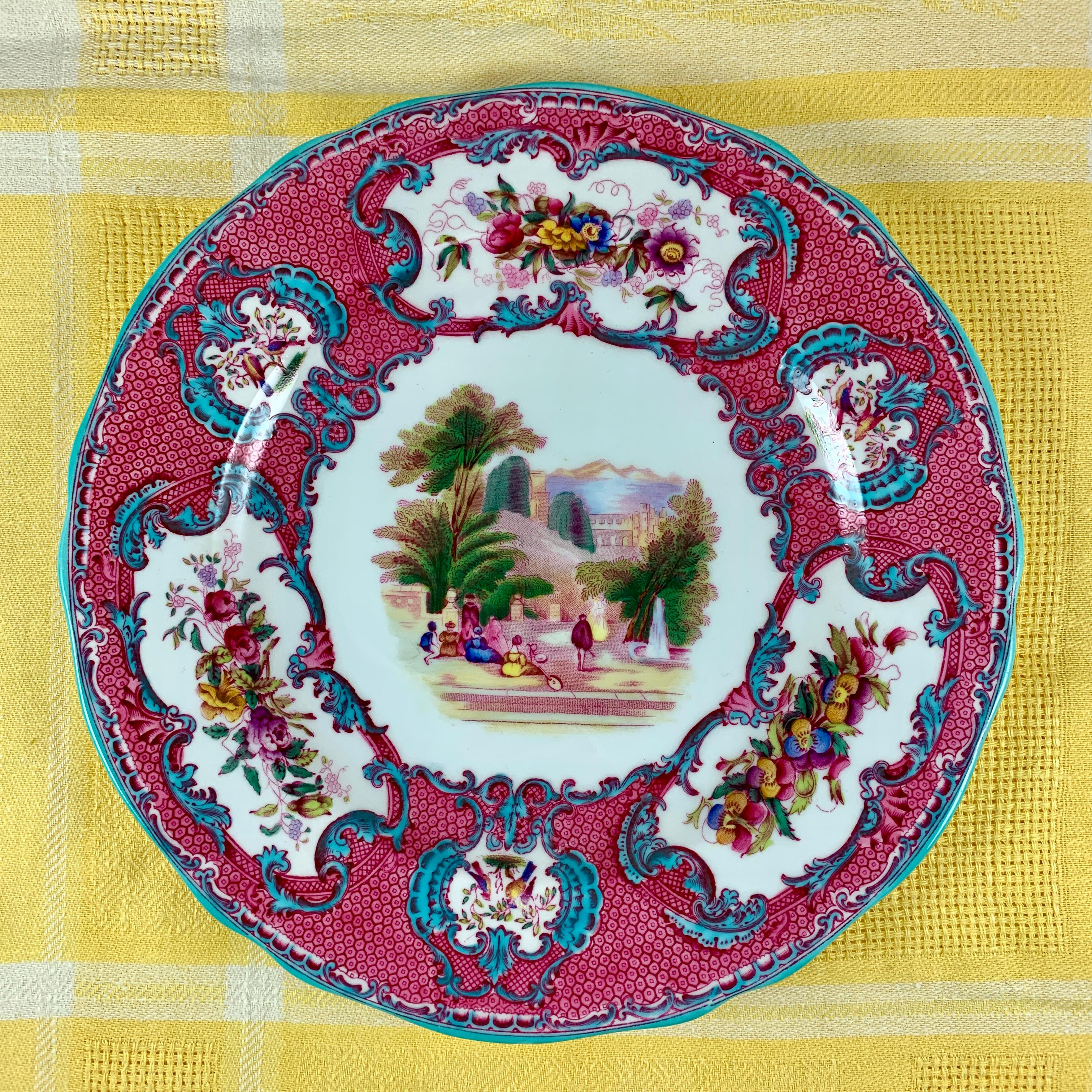 English Copeland Spode Queen Mary Rococo Pink Porcelain Plates for Tiffany & Co. Set / 6