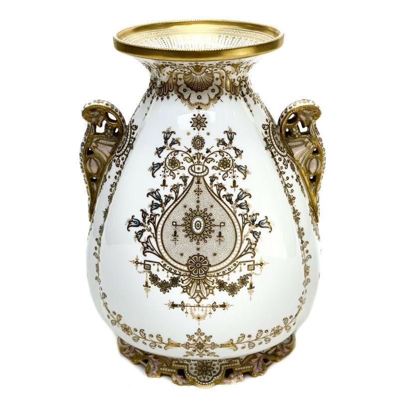 Gilt Copeland's England Enamel Jeweled Twin Handled Urn, Artist Signed, 19th Century For Sale