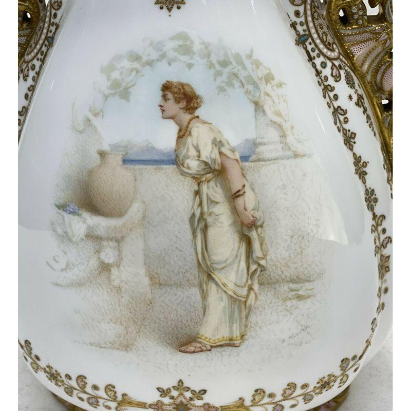 Copeland's England Enamel Jeweled Twin Handled Urn, Artist Signed, 19th Century In Excellent Condition For Sale In Gardena, CA