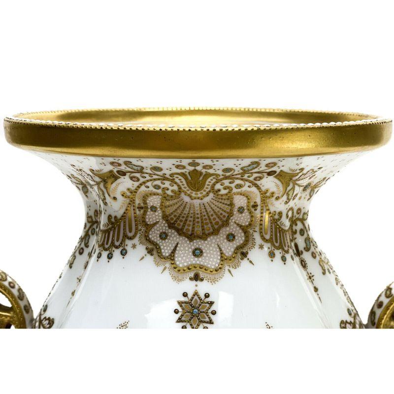Ceramic Copeland's England Enamel Jeweled Twin Handled Urn, Artist Signed, 19th Century For Sale