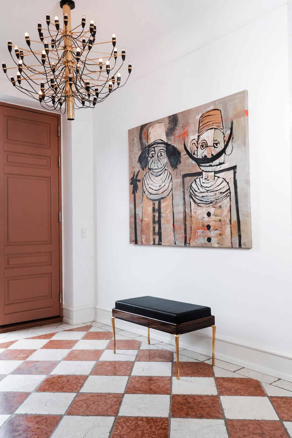 Banc de Copenhague, bois de Macassar, cuir noir tissé et pieds en laiton en vente 1