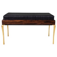 Banc de Copenhague, bois de Macassar, cuir noir tissé et pieds en laiton