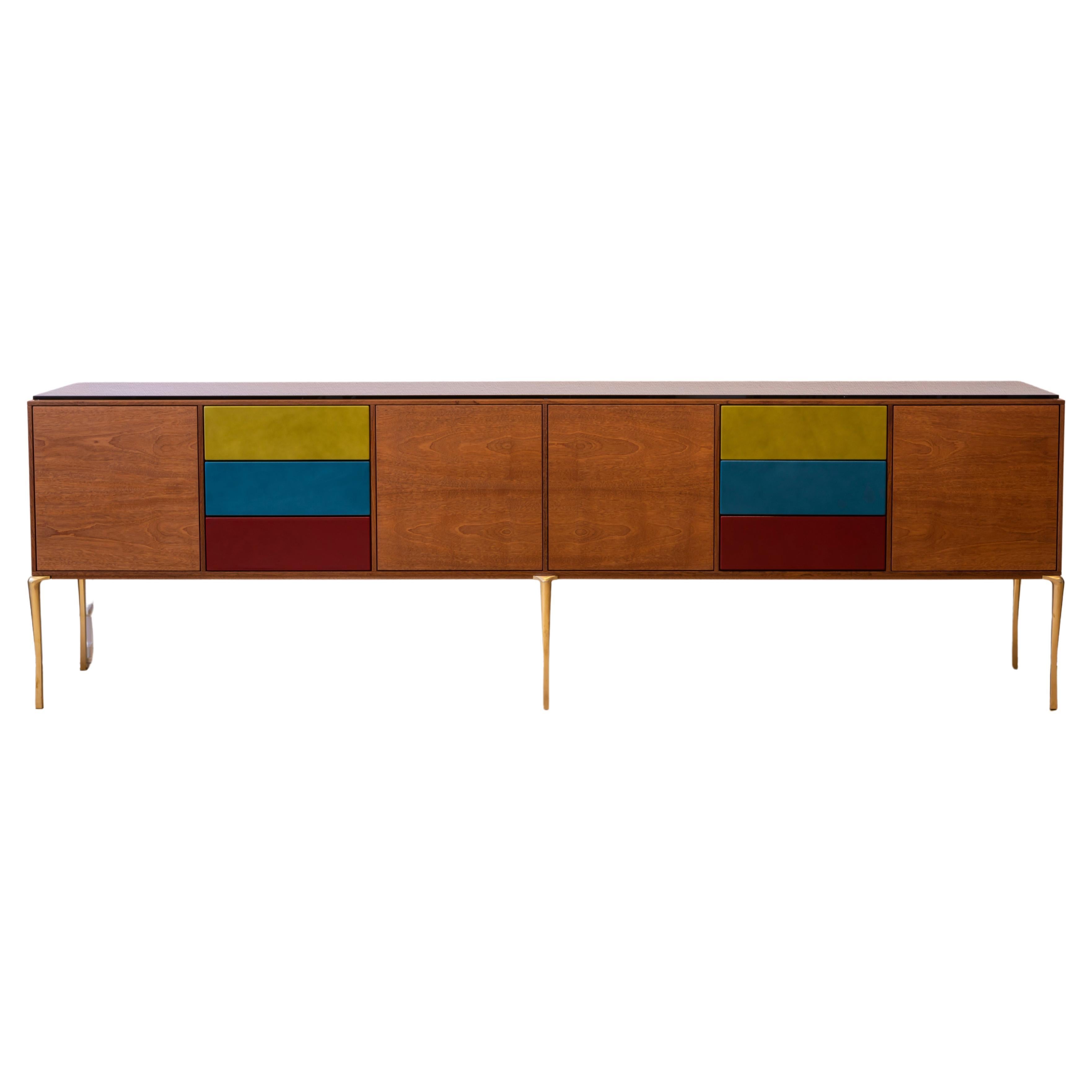 Copenhagen Console, Mahogny Frame and Leather Drawers with Solid Brass Legs For Sale