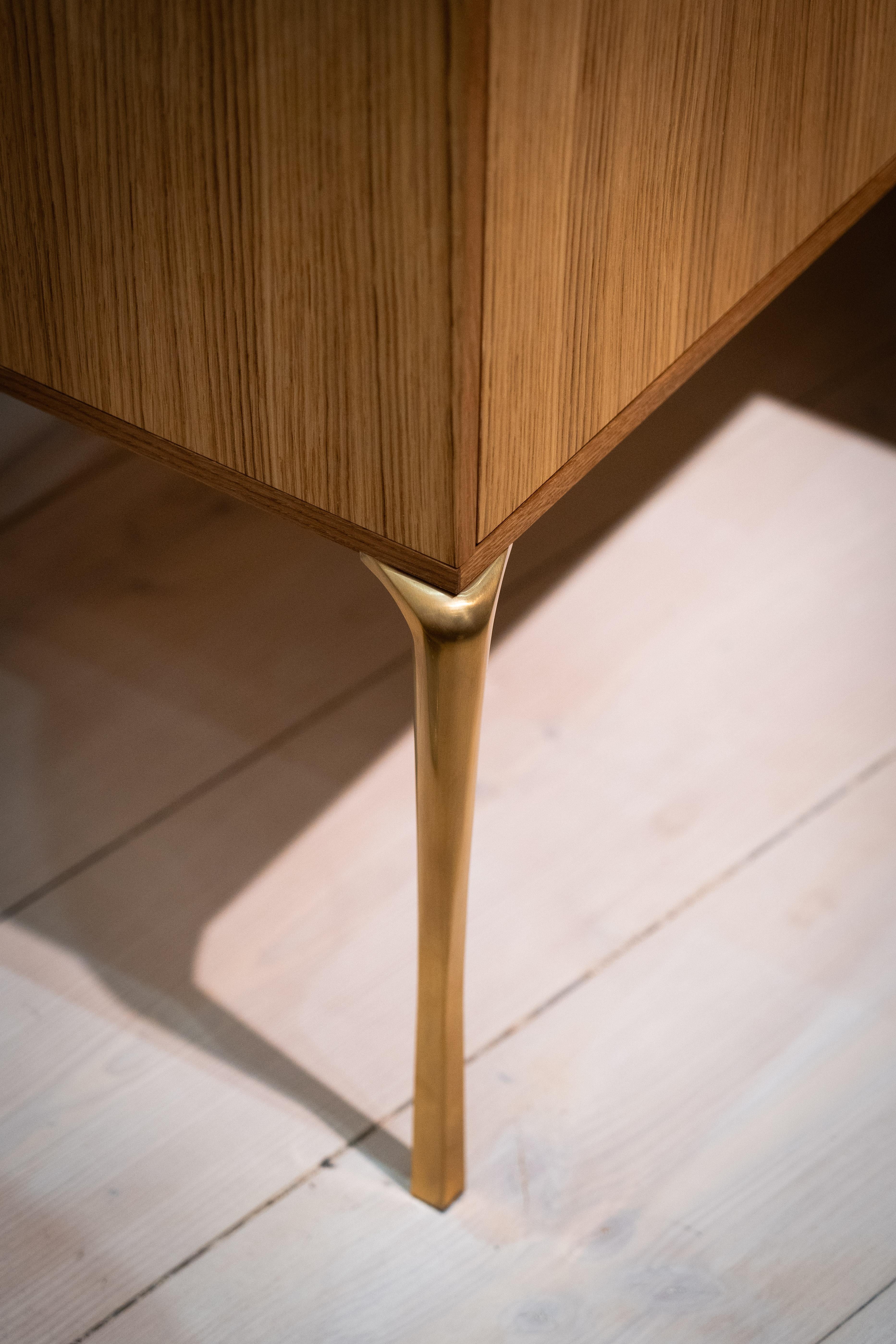 Scandinavian Modern Copenhagen Console, Natural Oak Frame and Leather Drawers w. Solid Brass Legs For Sale