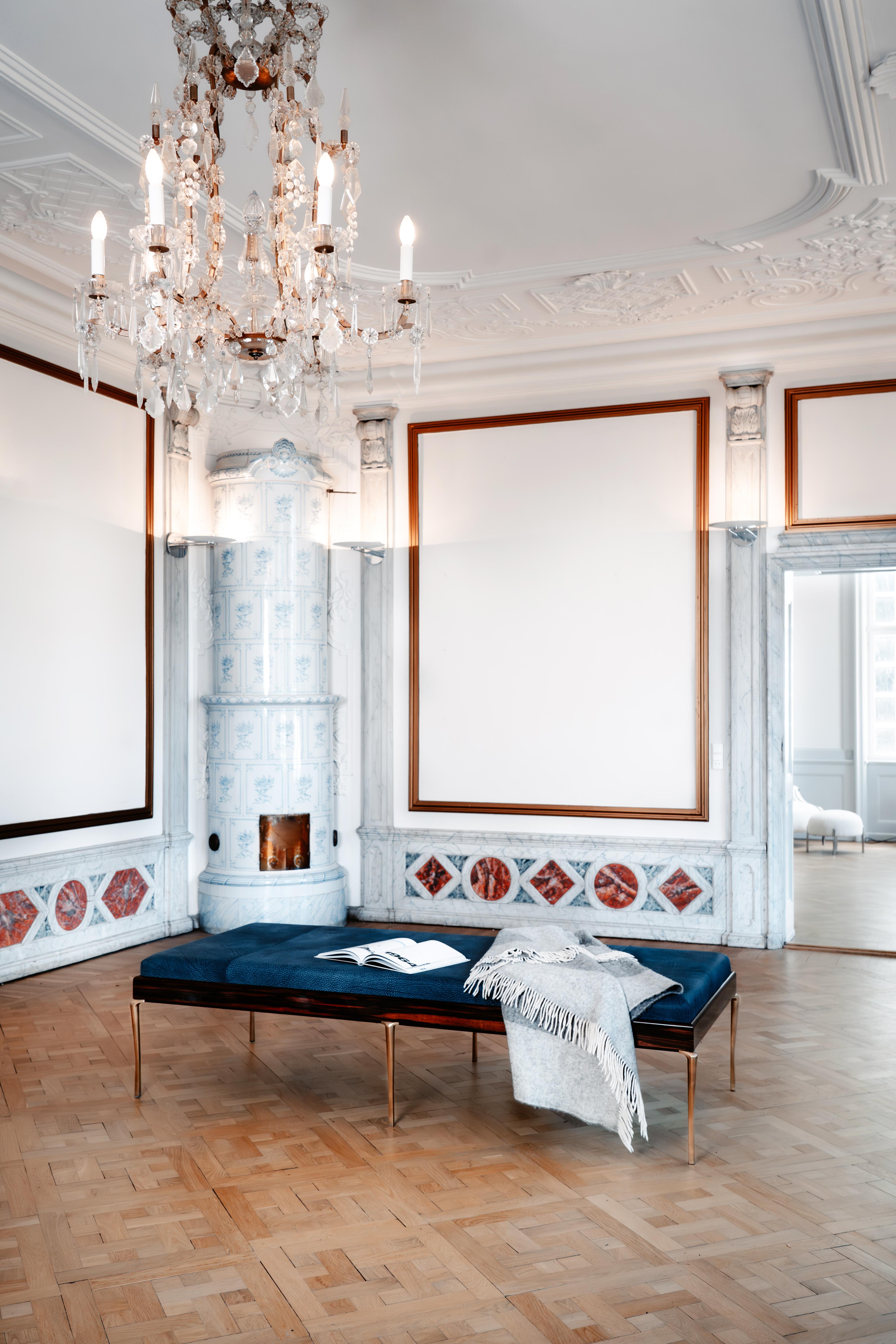 Méridienne de Copenhague, bois de Macassar, cuir de cobalt et pieds en laiton en vente 1