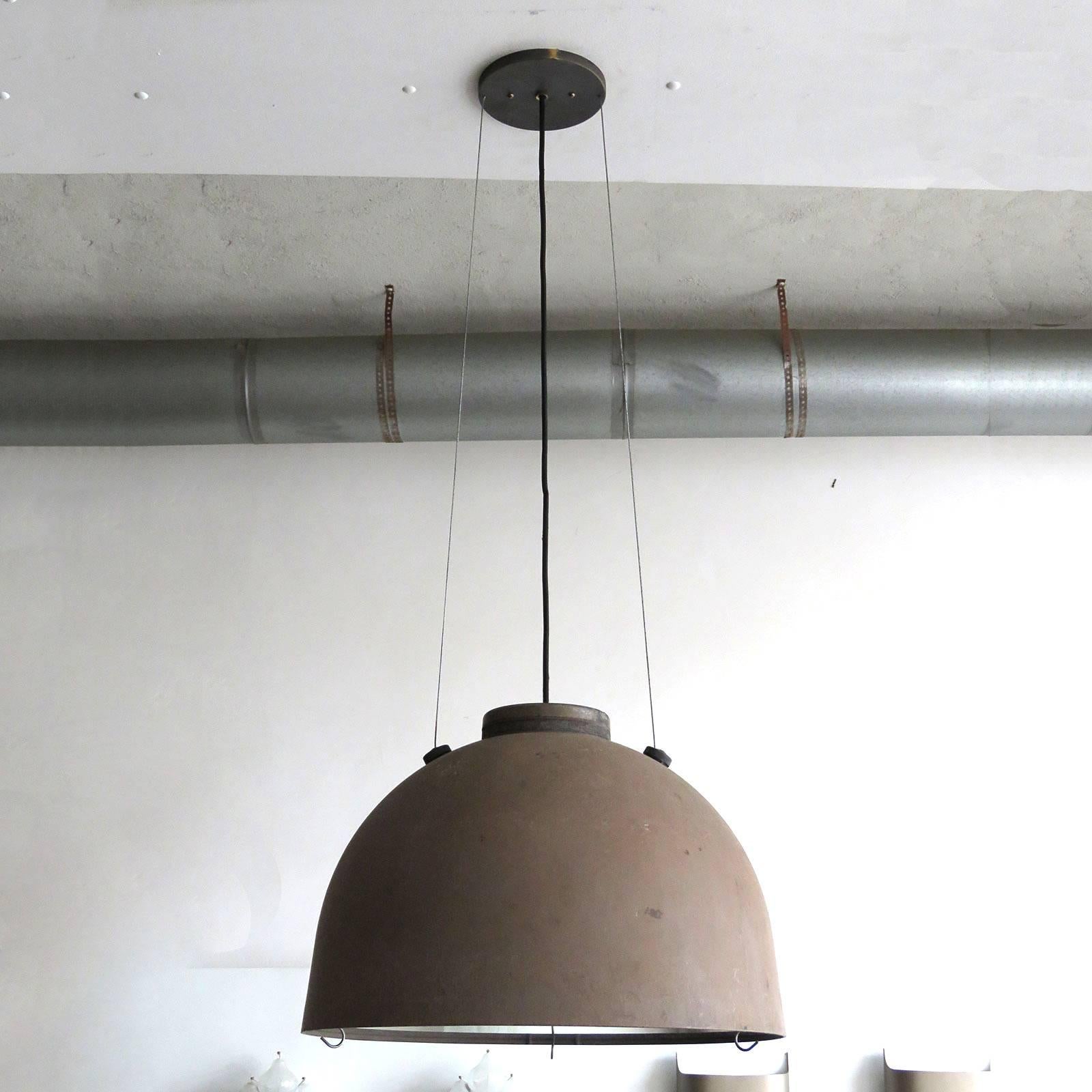 Large-scale pendant lights designed by Otto Kaszner, manufactured by Philips Denmark in the 1970s for the streets in Copenhagen, Denmark, patinated fiberglass dome with glass cover, suspended from steel cables, total height can be customized. Priced