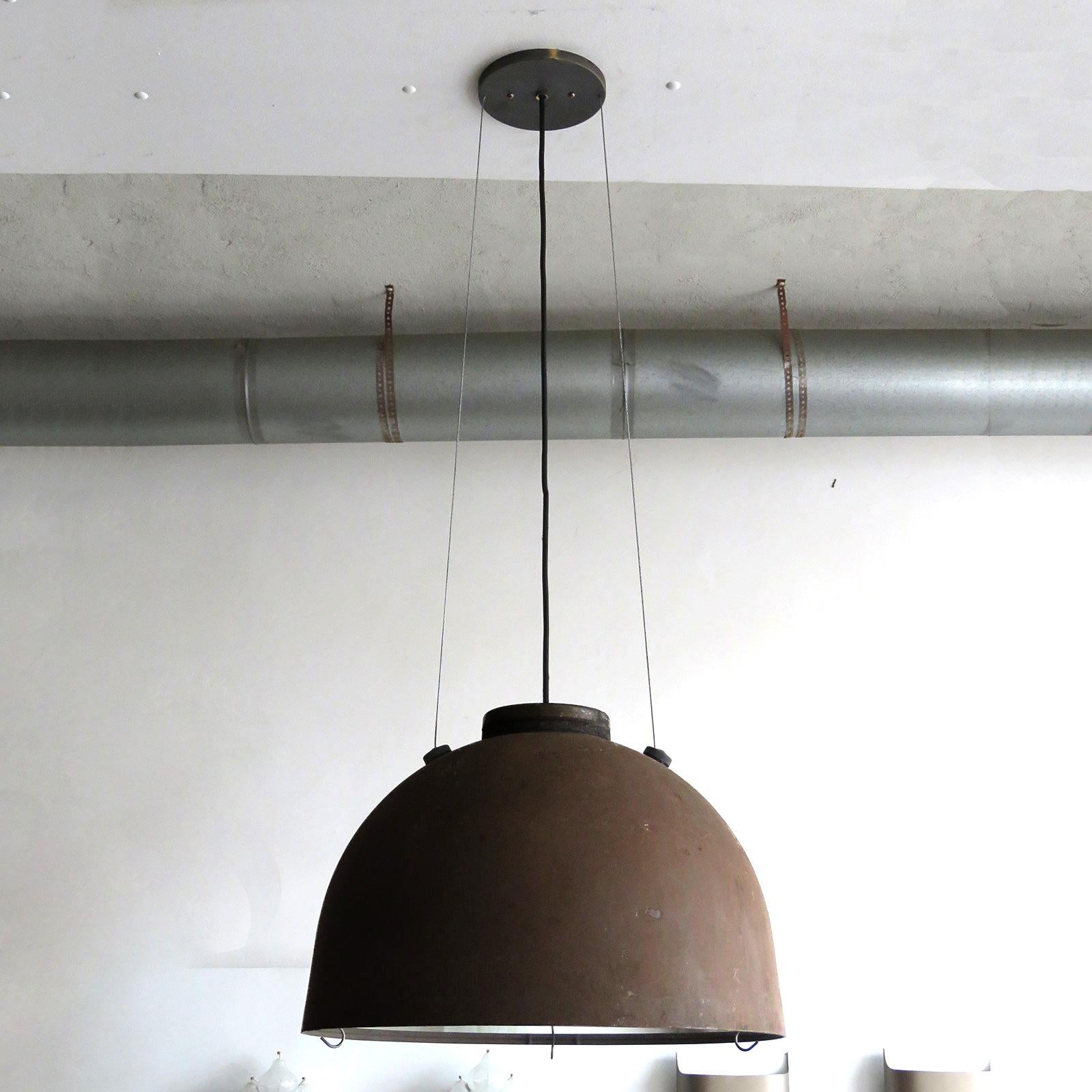 Large-scale pendant lights designed by Otto Kaszner, manufactured by Philips Denmark in the 1970s for the streets in Copenhagen, Denmark, patinated fiberglass dome with glass cover, suspended from steel cables, total height can be customized