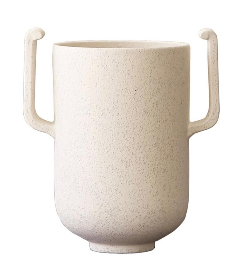 Clean, minimal and low profile mid-century Scandinavian white ceramic vase 
Originally designed by Roger Thomas for Studio A 
Sourced by Martyn Lawrence Bullard