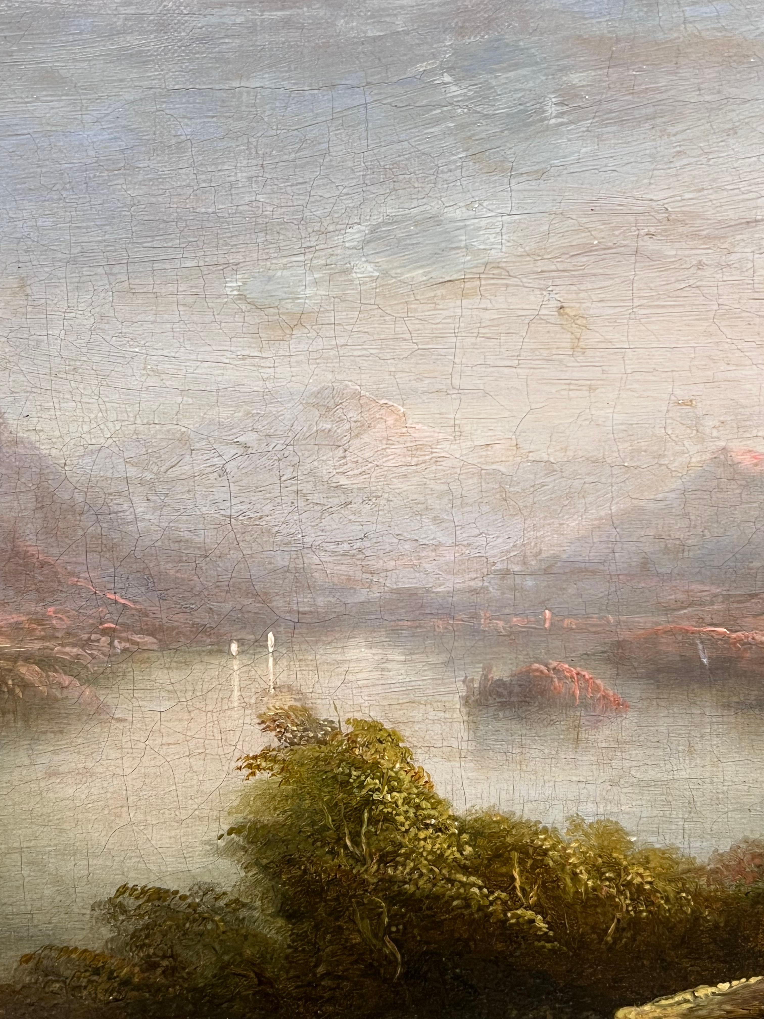 Early Victorian Scottish Highlands Loch Landscape Figures Admiring View 19th Oil For Sale 6