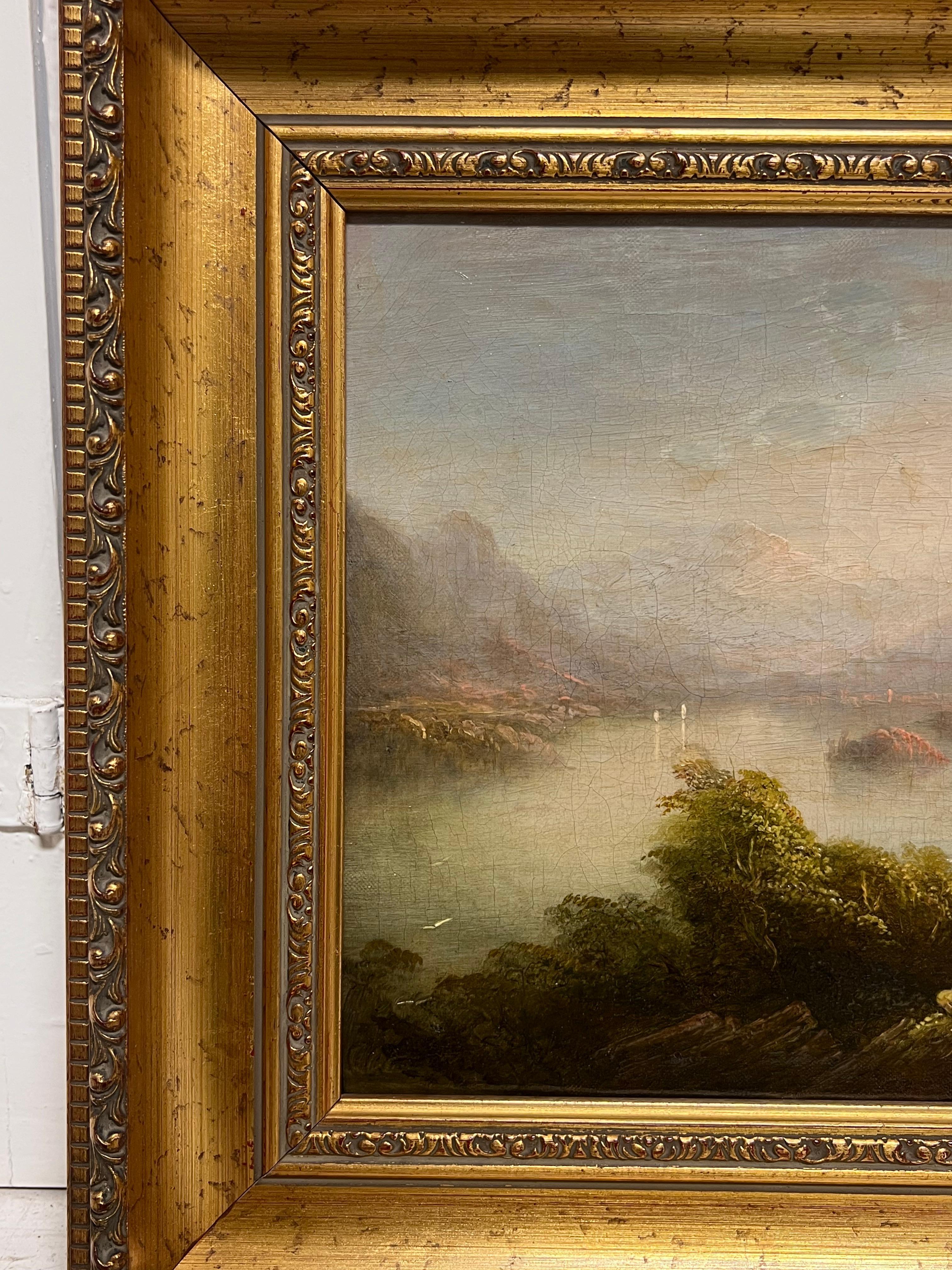 Early Victorian Scottish Highlands Loch Landscape Figures Admiring View 19th Oil - Brown Landscape Painting by Copley Fielding