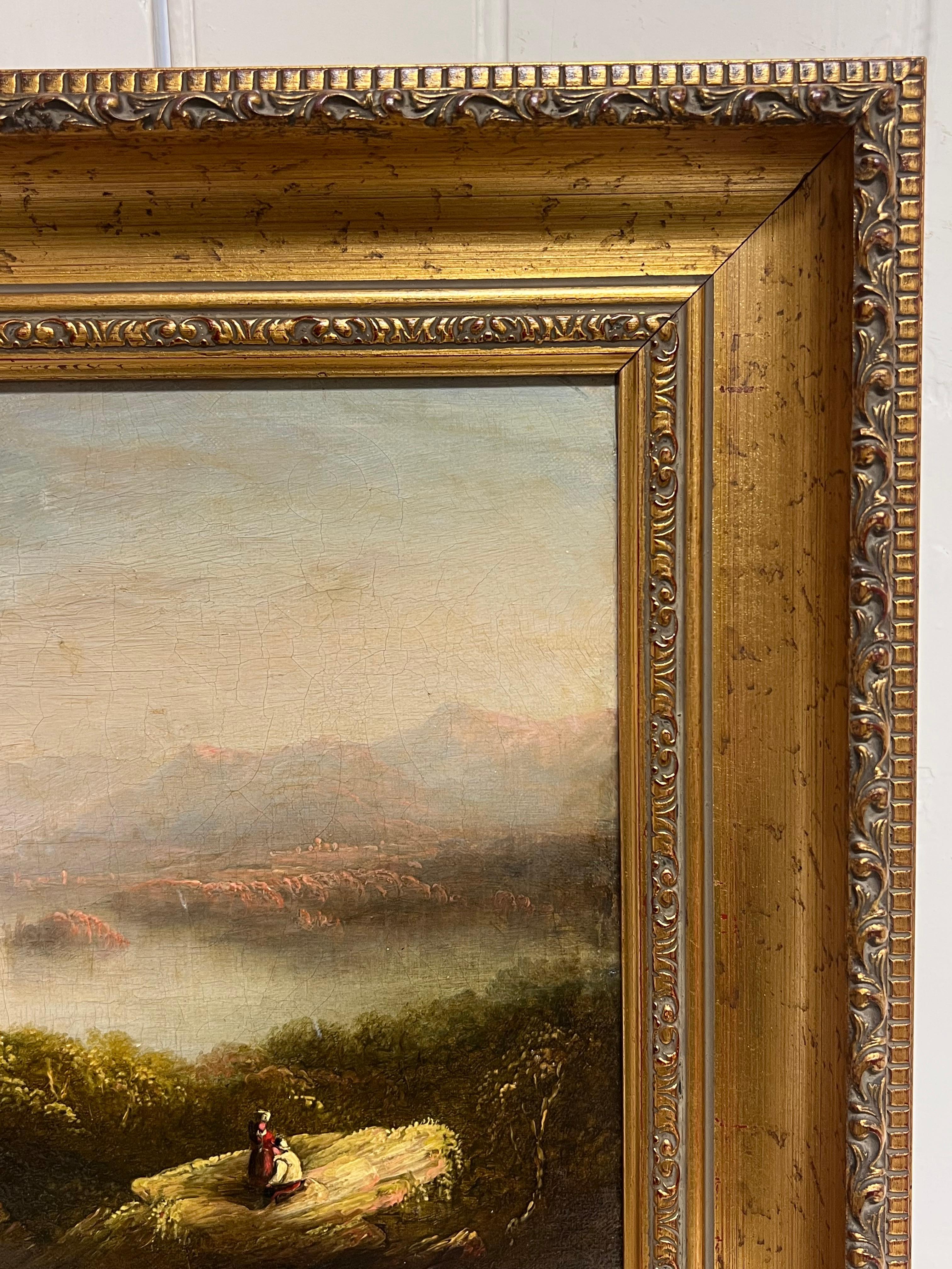 Early Victorian Scottish Highlands Loch Landscape Figures Admiring View 19th Oil For Sale 1