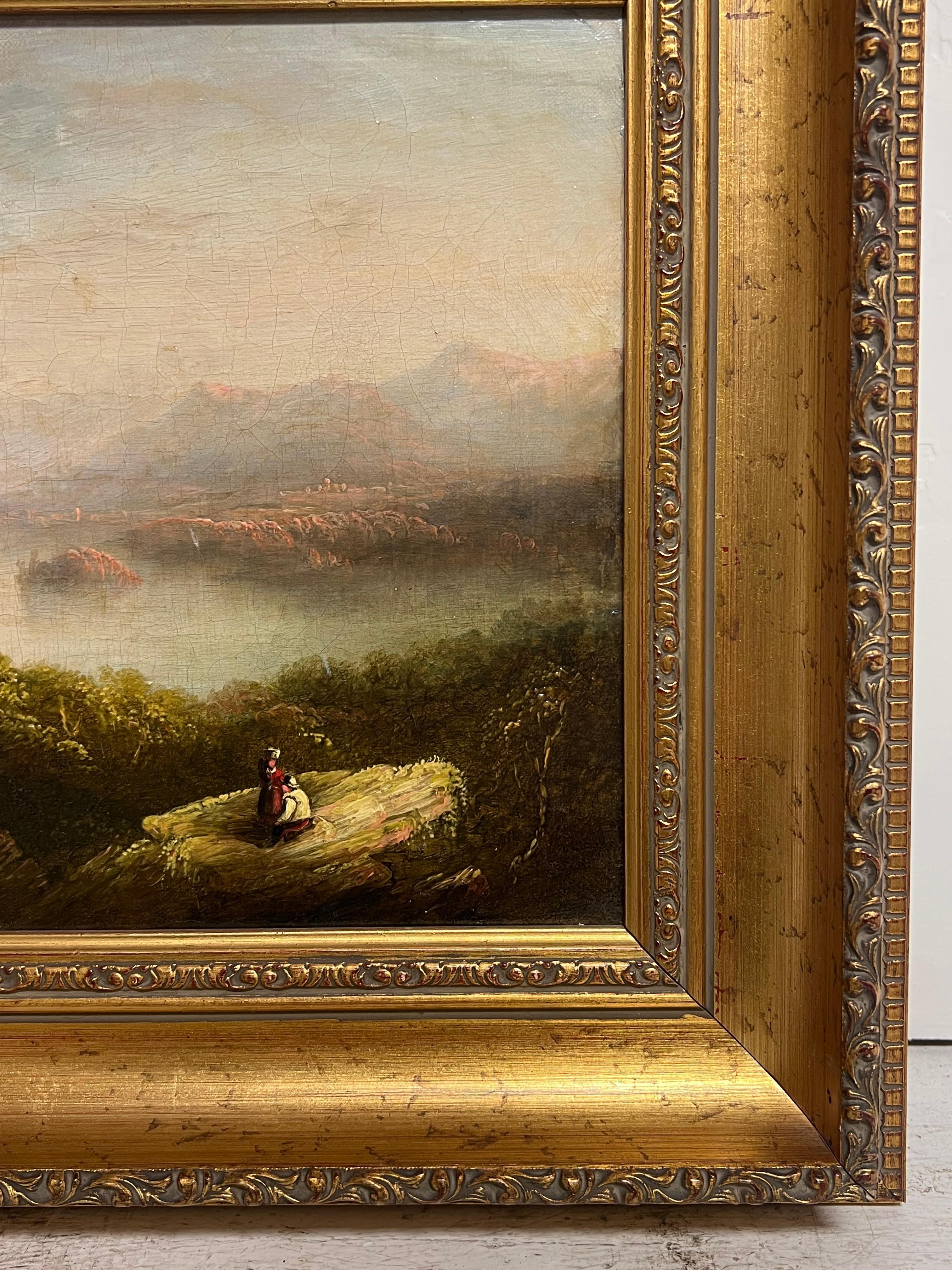 Early Victorian Scottish Highlands Loch Landscape Figures Admiring View 19th Oil For Sale 2