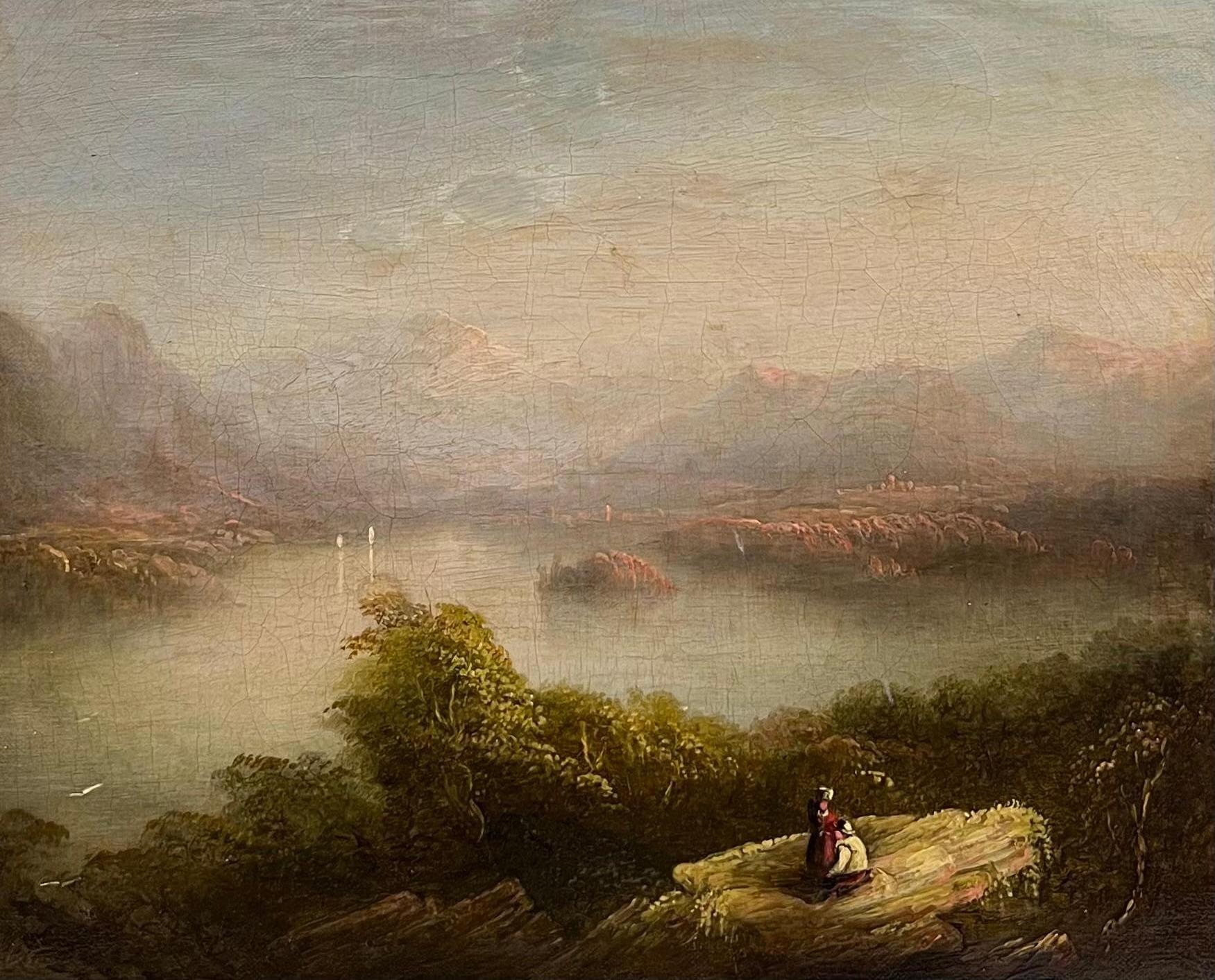 Early Victorian Scottish Highlands Loch Landscape Figures Admiring View 19th Oil For Sale 3