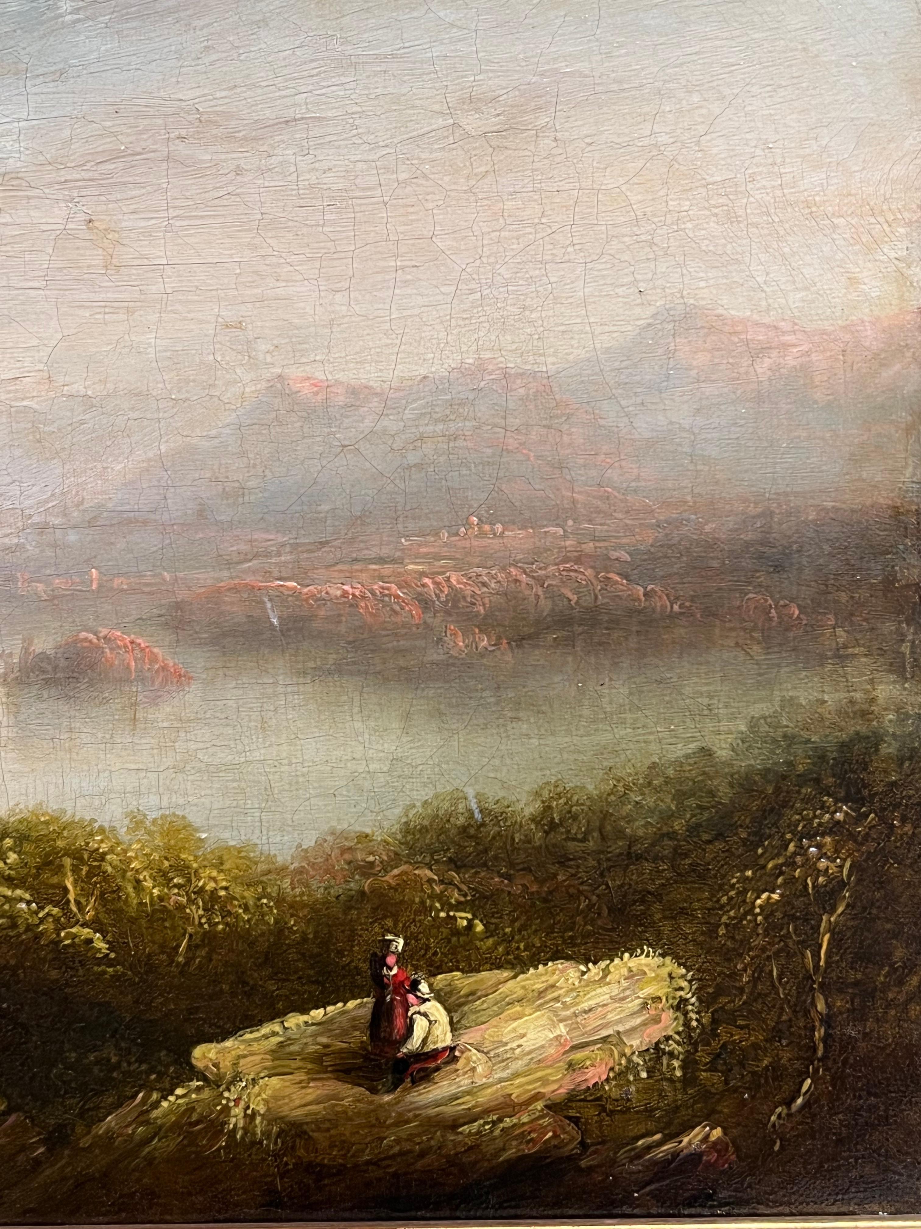 Early Victorian Scottish Highlands Loch Landscape Figures Admiring View 19th Oil For Sale 4