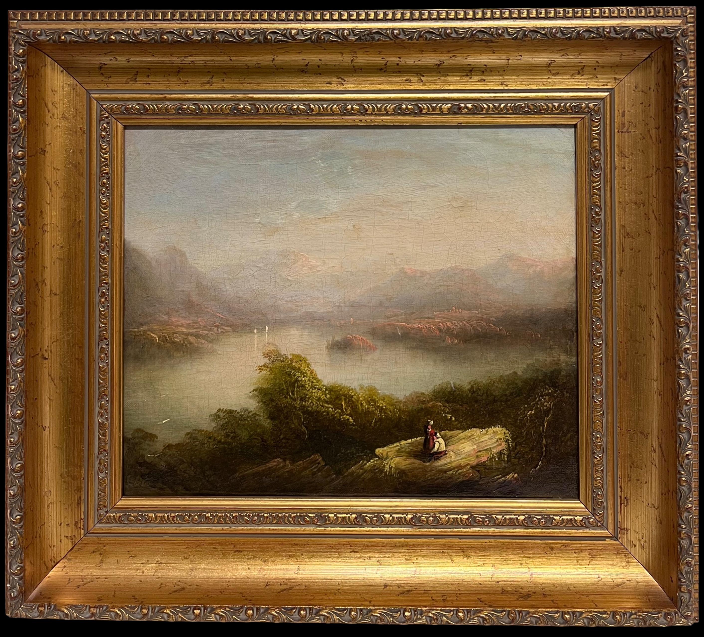 Frühviktorianische schottische Highlands Lochlandschaft Figuren bewundernde Aussicht 19.