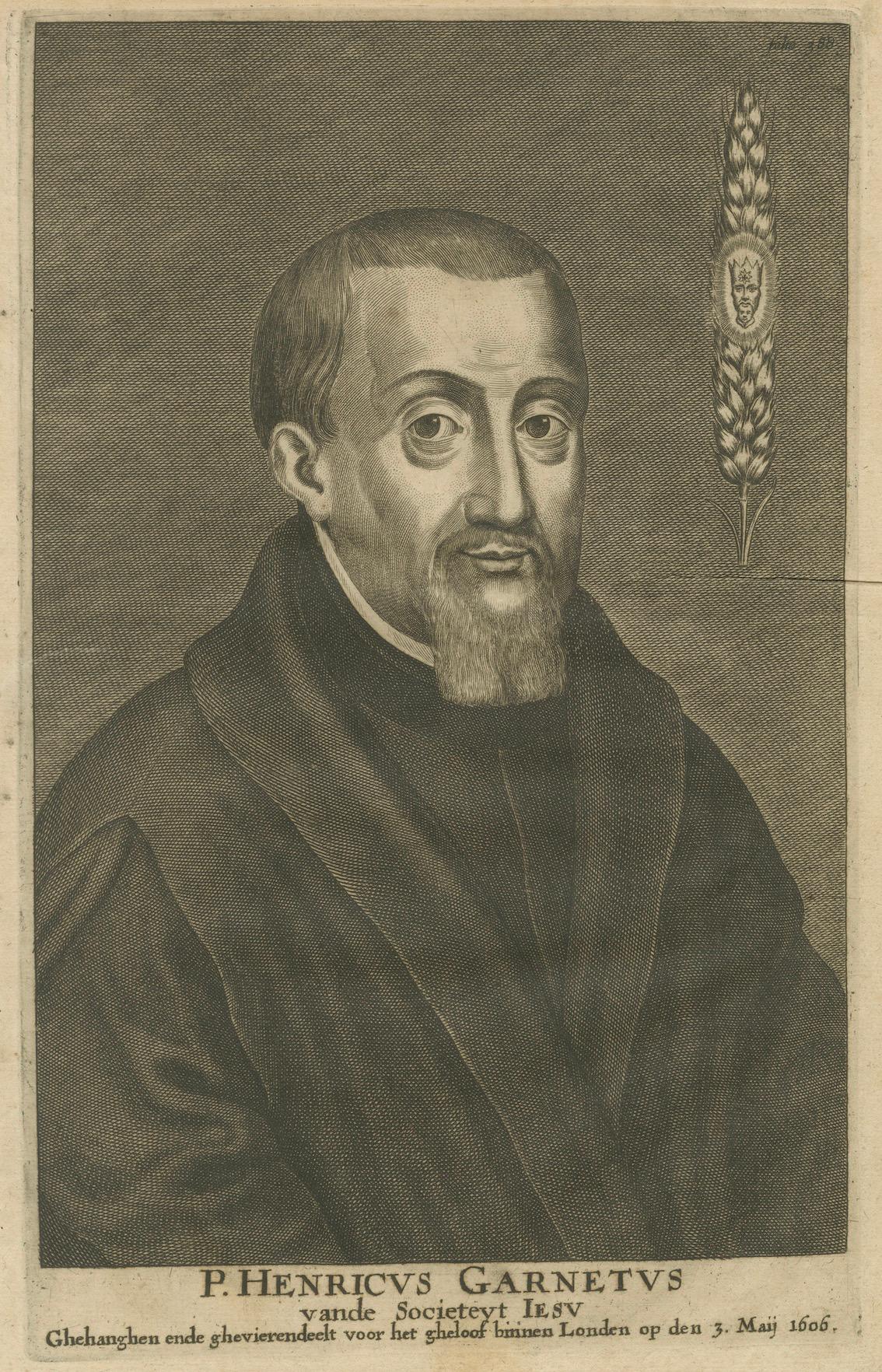 Título: Retrato de Enrique Garnet (1555-1606), sacerdote jesuita y mártir - Grabado en cobre del siglo XVII

Este fino grabado en cobre de alrededor de 1670 representa a Henry Garnet, sacerdote jesuita nacido en Heanor, Inglaterra, en 1555. Figura