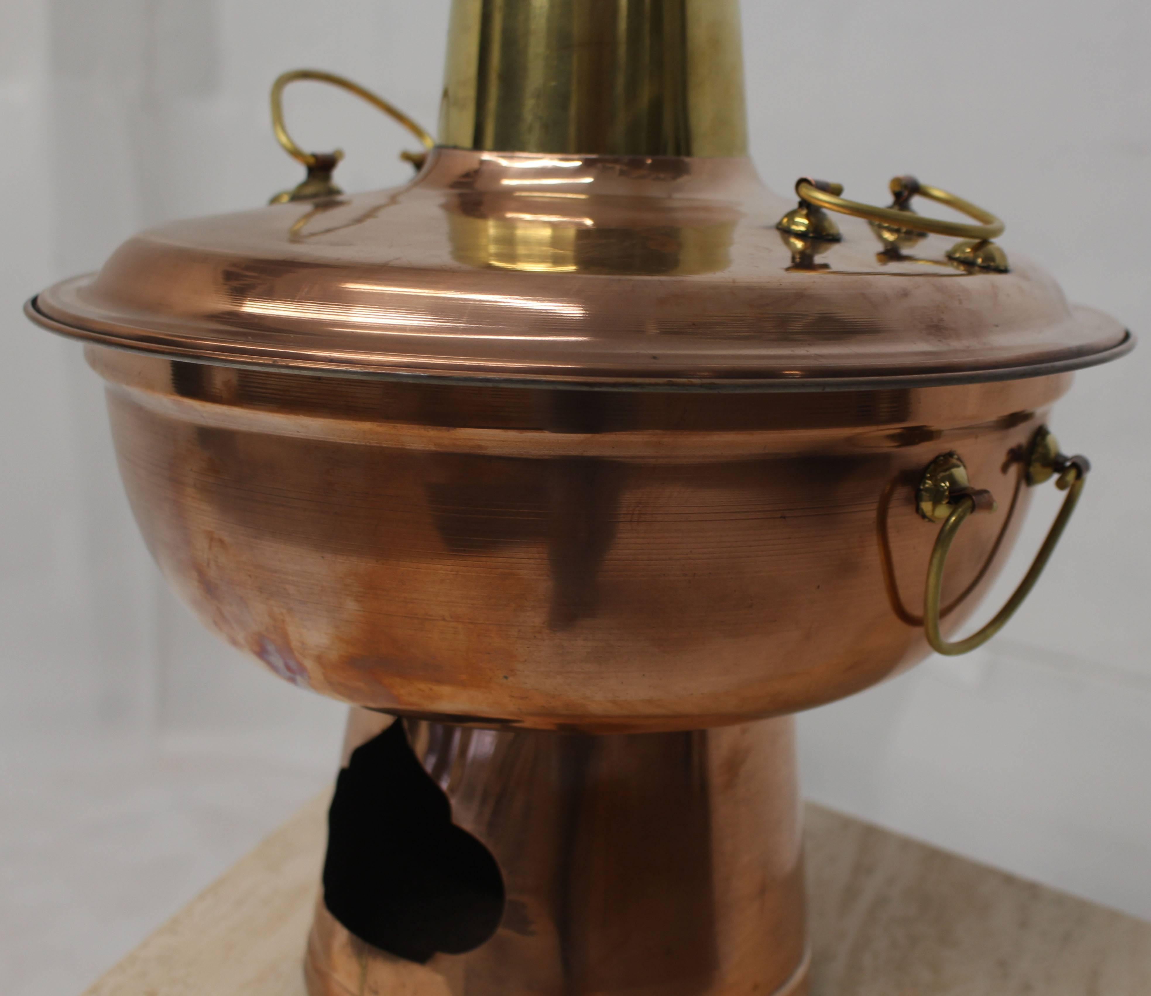 Copper and Brass Coal Burning Food Warmer Removable Chimney Samovar In Good Condition For Sale In Rockaway, NJ