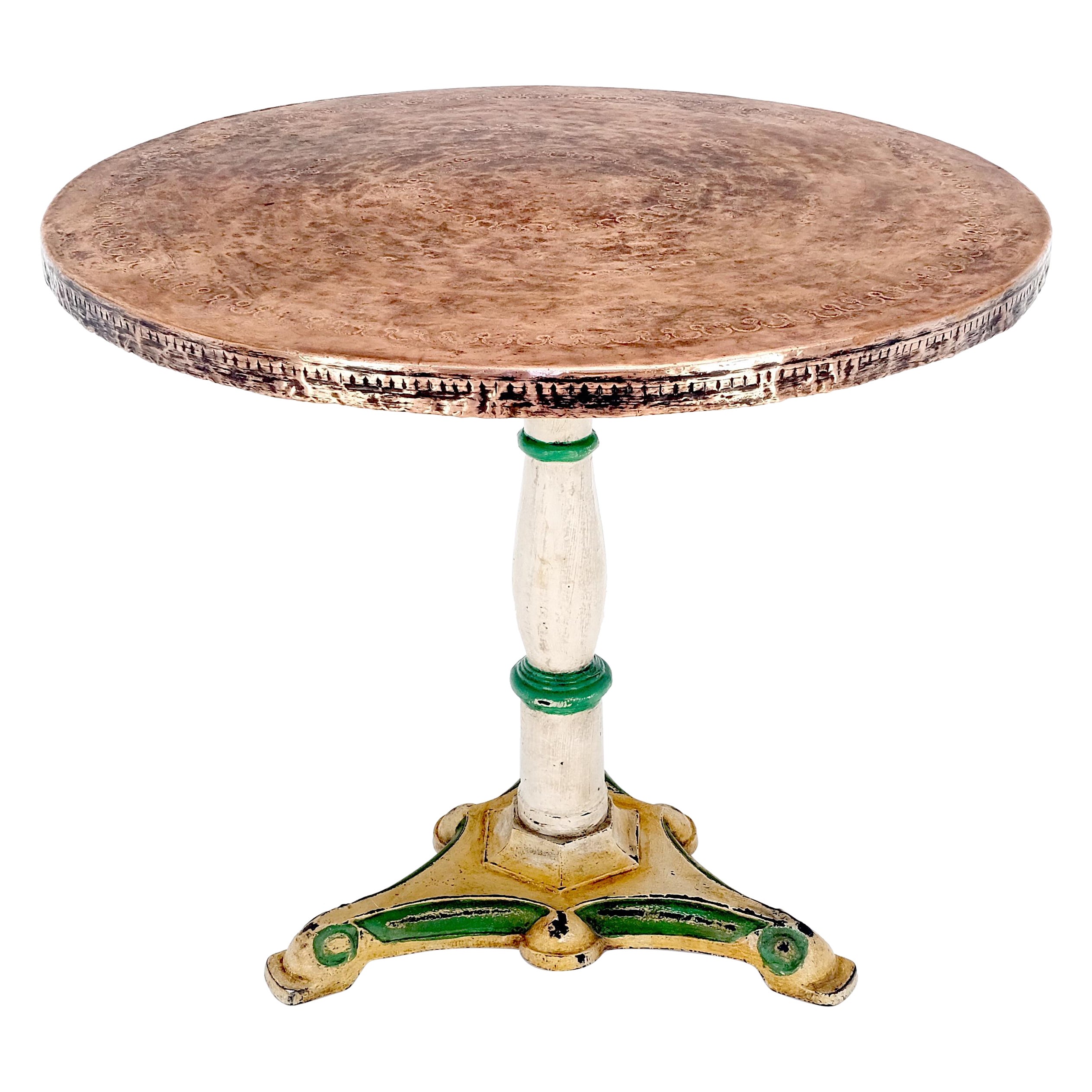 Copper 33" Dia Round Top Gueridon Center Cafe Table on Paint Decorated Iron Base For Sale