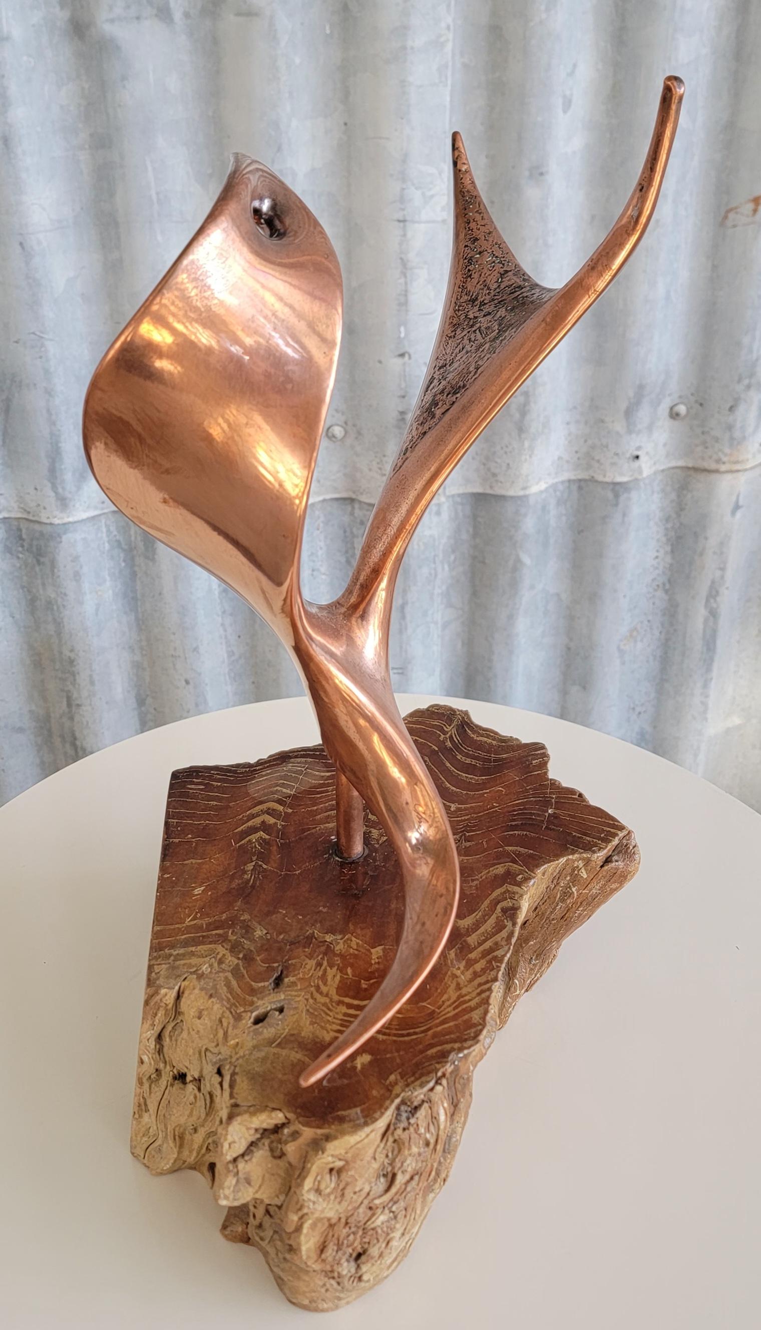 Copper Abstract Table Sculpture on Live Edge Mount In Good Condition For Sale In Fulton, CA
