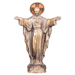 Antique Copper Alloy Statue of Devotional Jesus Christ with Open Arms