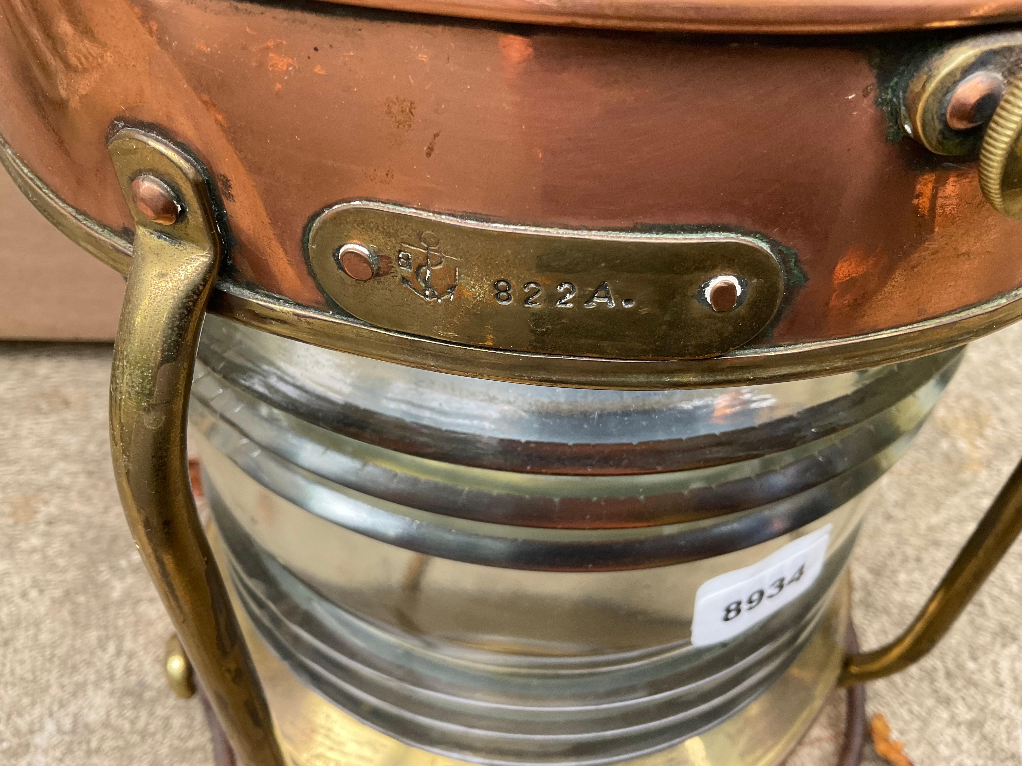 Copper Anchor Lantern with Fresnel Lens In Good Condition For Sale In Norwell, MA
