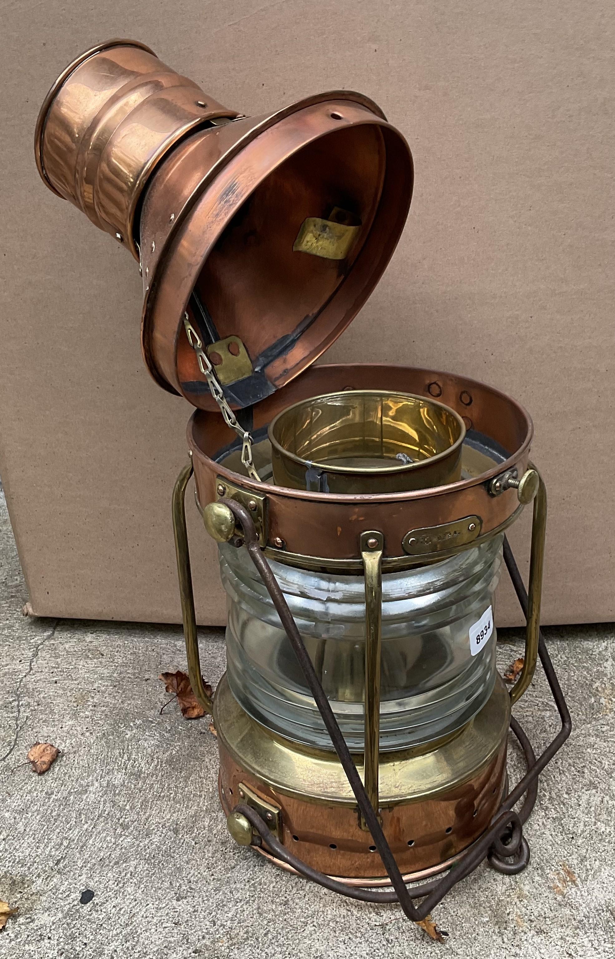 Late 20th Century Copper Anchor Lantern with Fresnel Lens For Sale