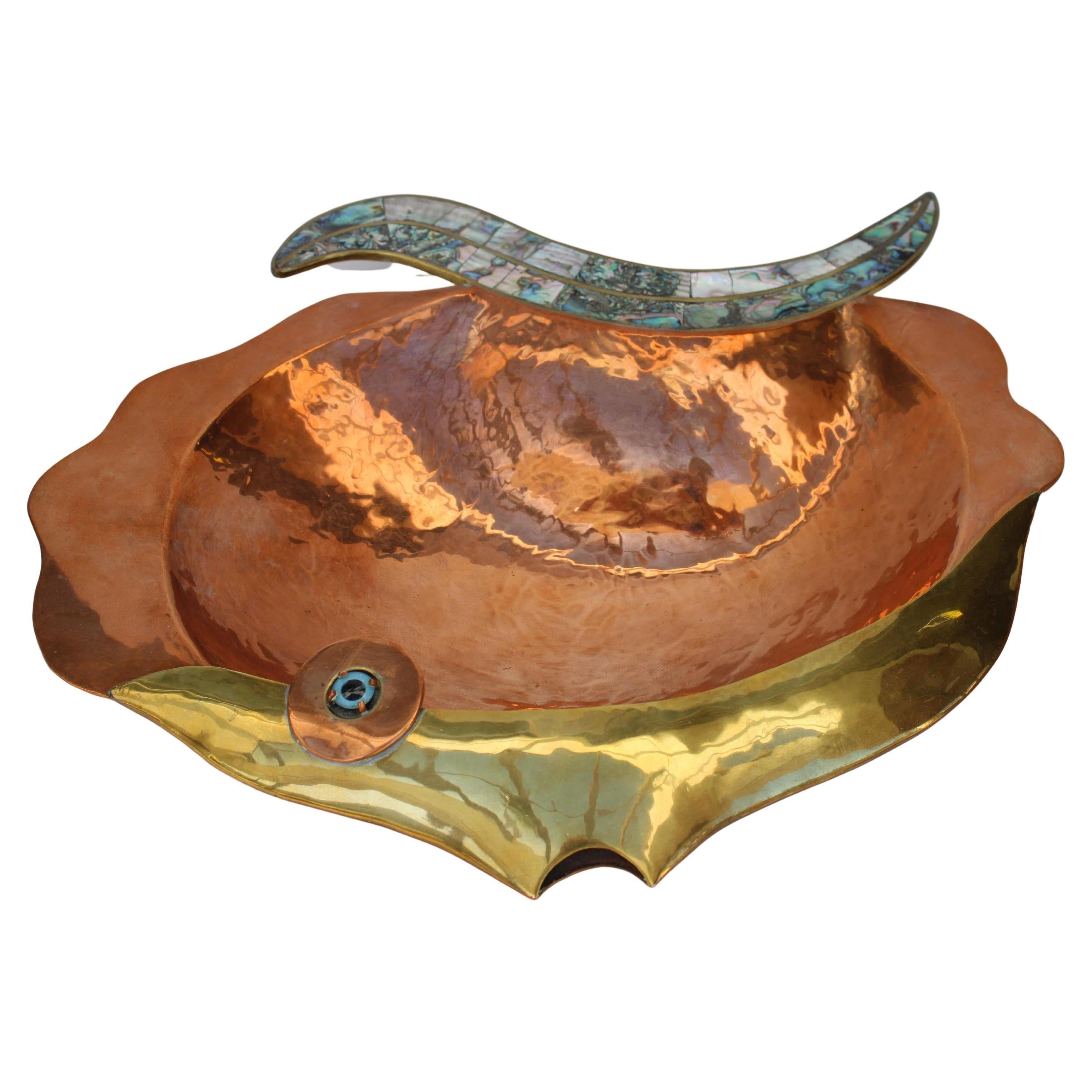 Copper and abalone angel fish centerpiece dish from Mexico.  Tray measures 23