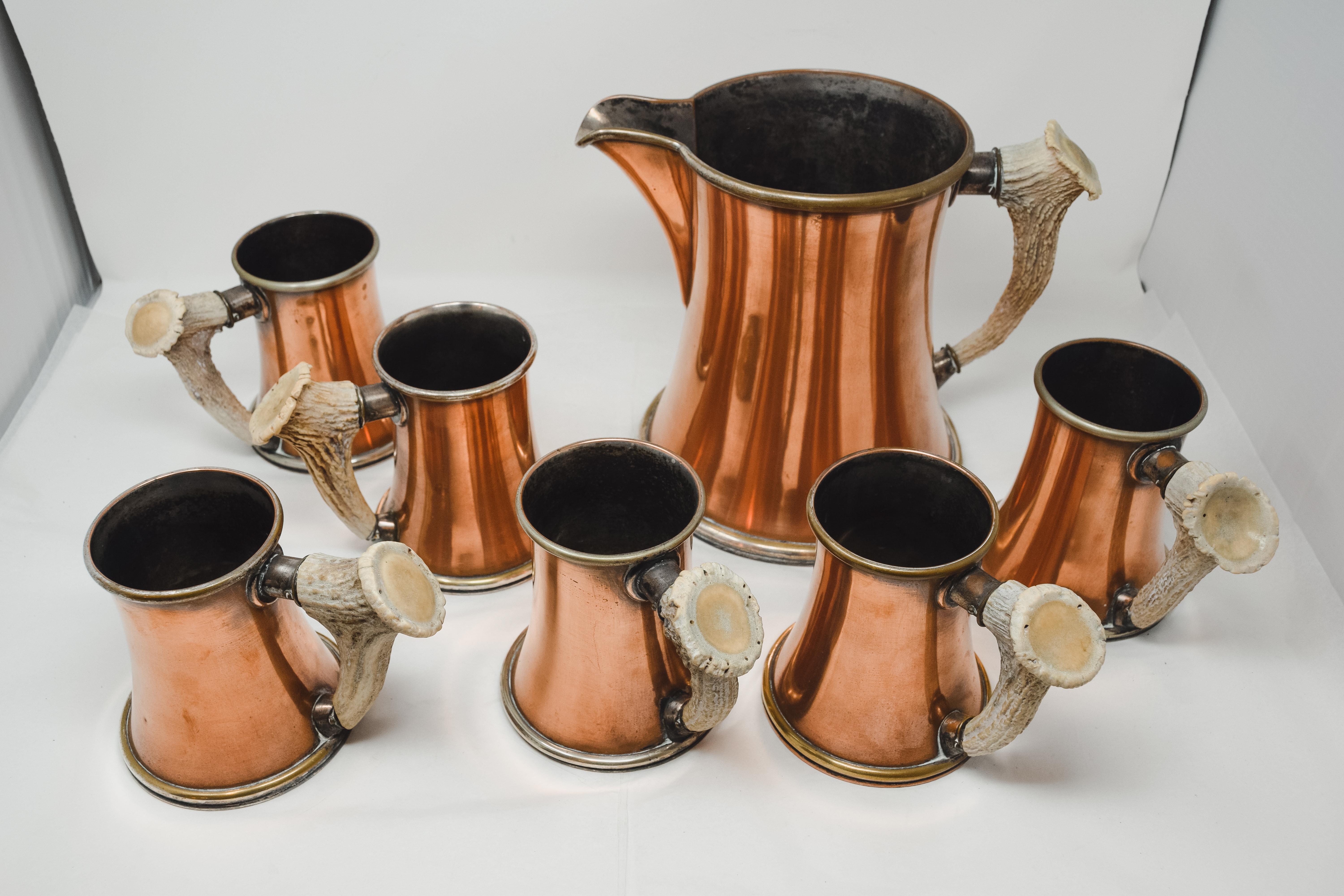 French Copper and Antler Pitcher and 6 Mugs