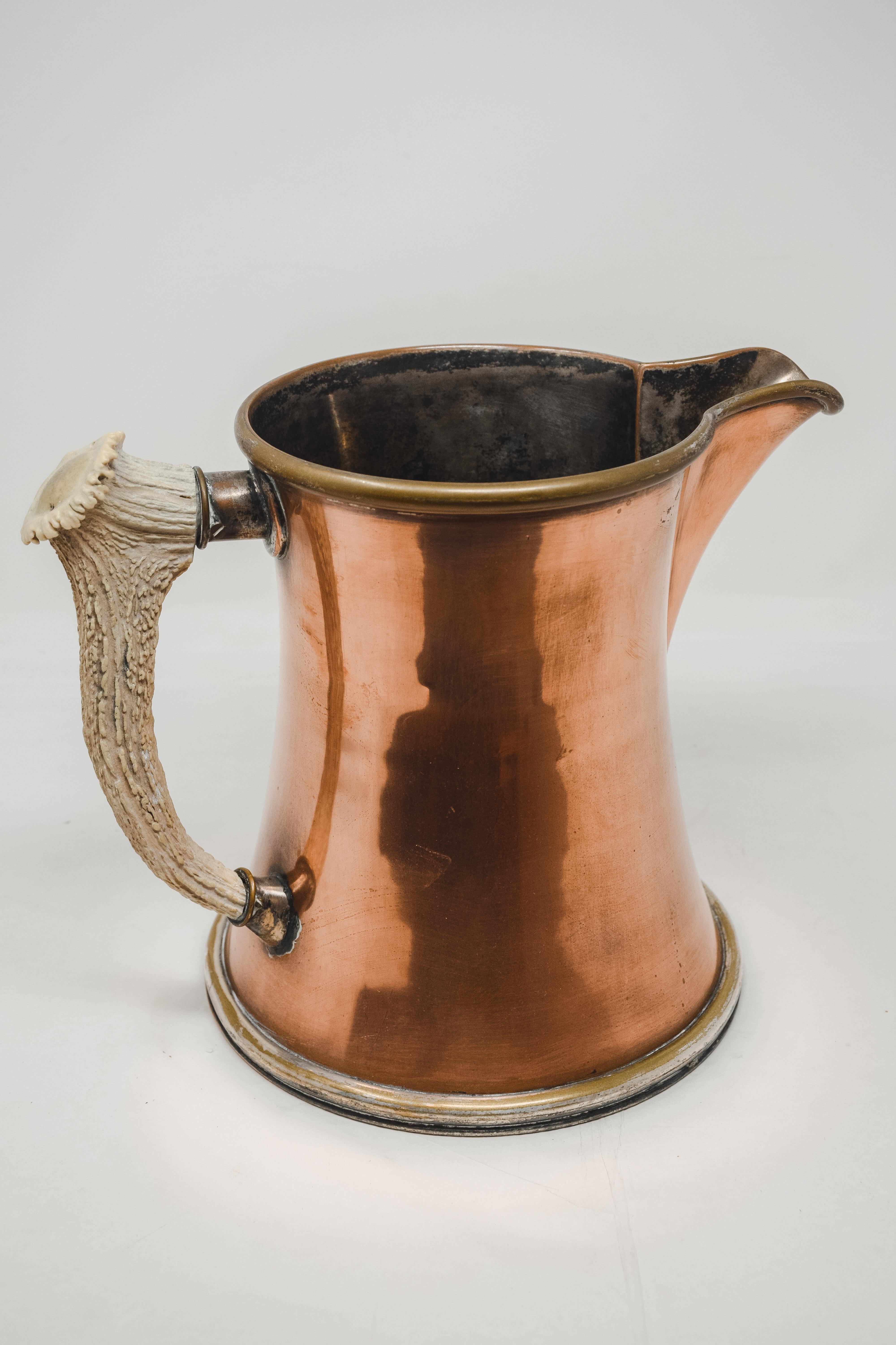 20th Century Copper and Antler Pitcher and 6 Mugs