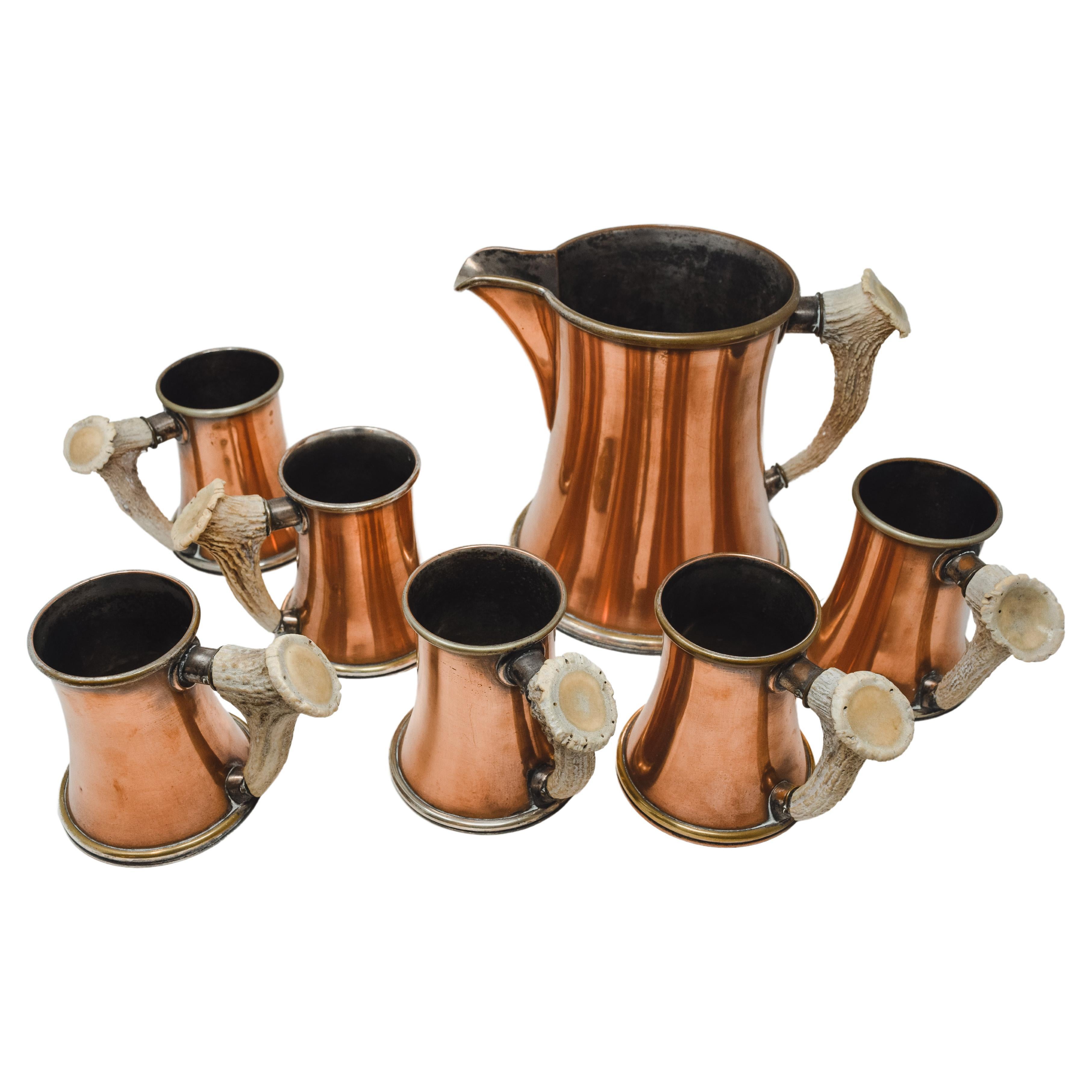 Copper and Antler Pitcher and 6 Mugs