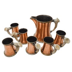 Vintage Copper and Antler Pitcher and 6 Mugs