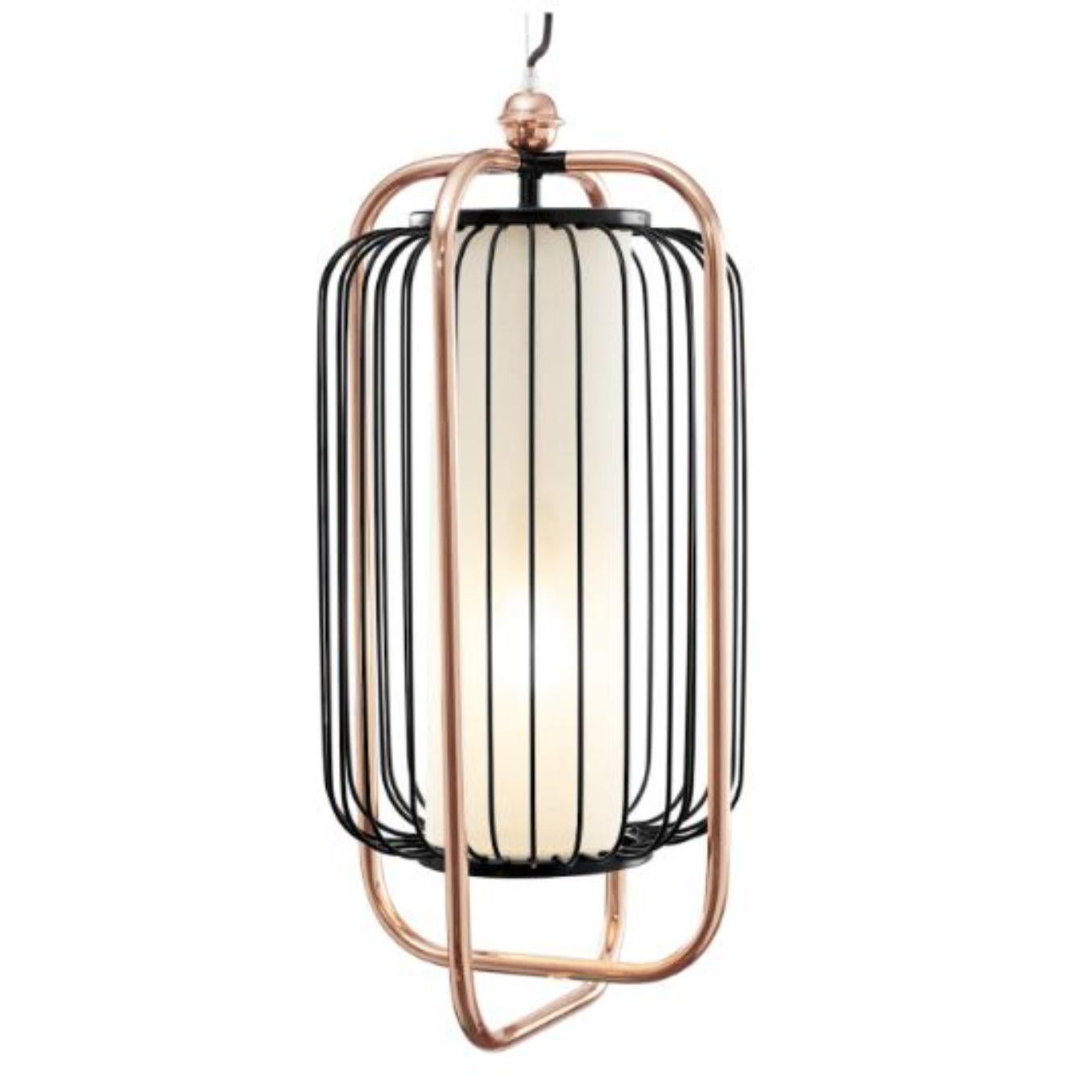 Copper and black Jules II suspension lamp by Dooq
Dimensions: W 30 x D 30 x H 64 cm
Materials: lacquered metal, polished or brushed metal, copper.
Abat-jour: cotton
Also available in different colours and