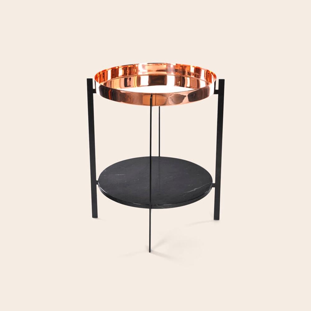 Copper and Black Marquina Marble Deck Table by OxDenmarq
Dimensions: D 57 x W 57 x H 67 cm
Materials: Steel, Black Marquina Marble, Copper
Also Available: Different tray conbinations available,

OX DENMARQ is a Danish design brand aspiring to