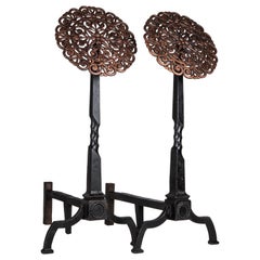 Blackened Wrought Iron Andirons with Large Foliate Copper Finials, Circa 1900s