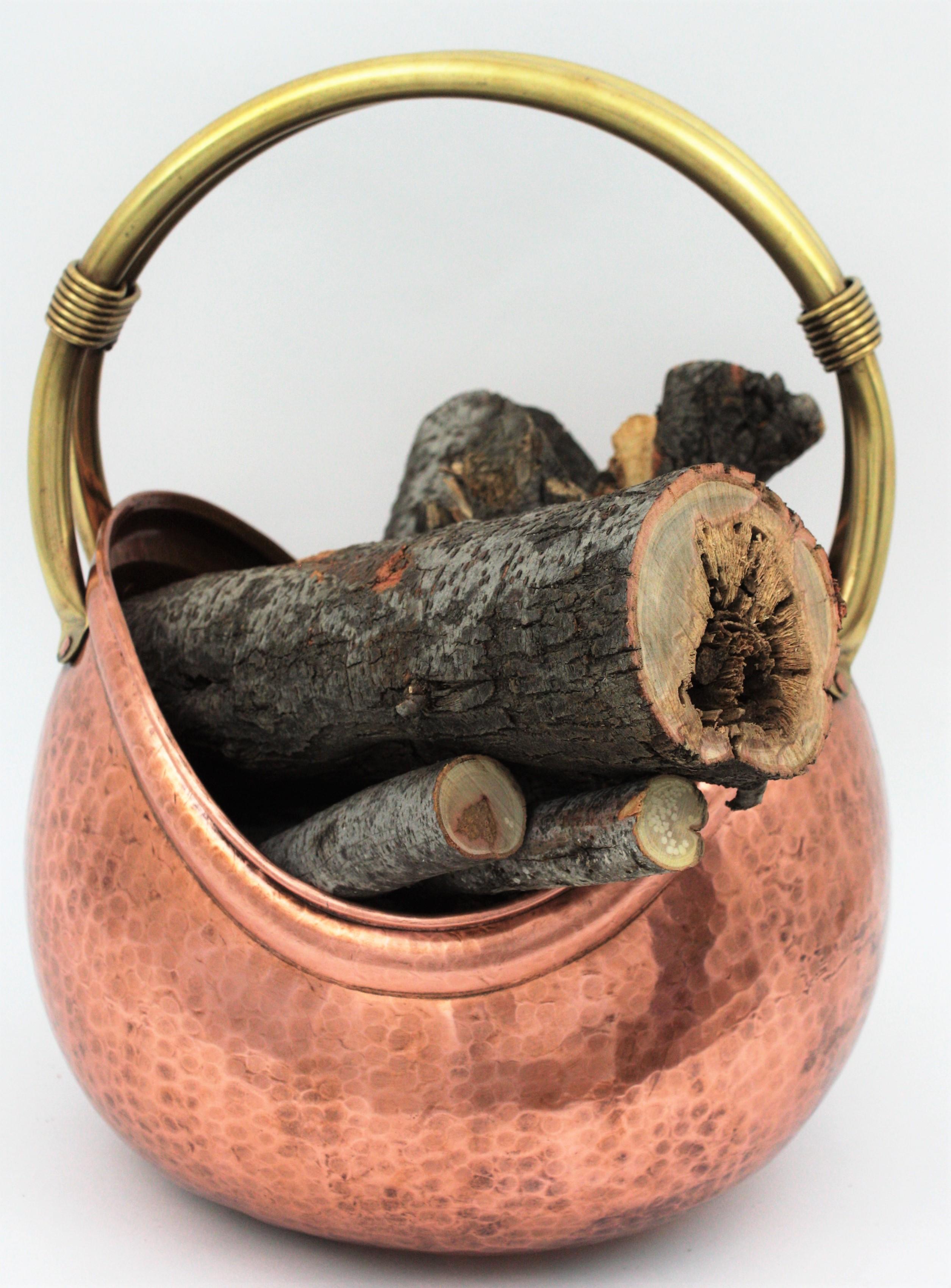 Copper and Brass Basket Magazine Stand or Log Holder with Rope Detail 6
